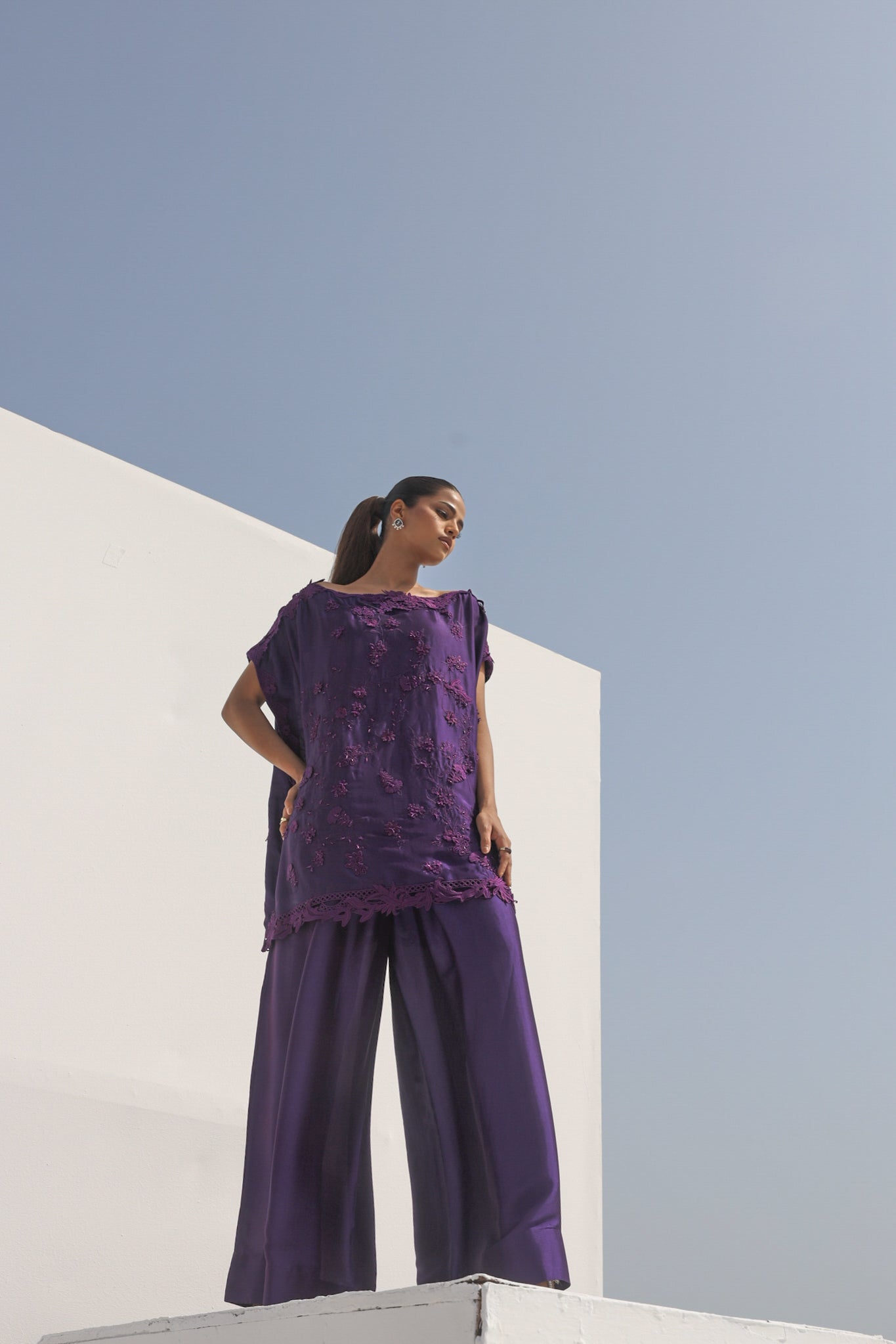 Stitched Formal Embroidered Purple Shirt + Flared Bottom Main image
