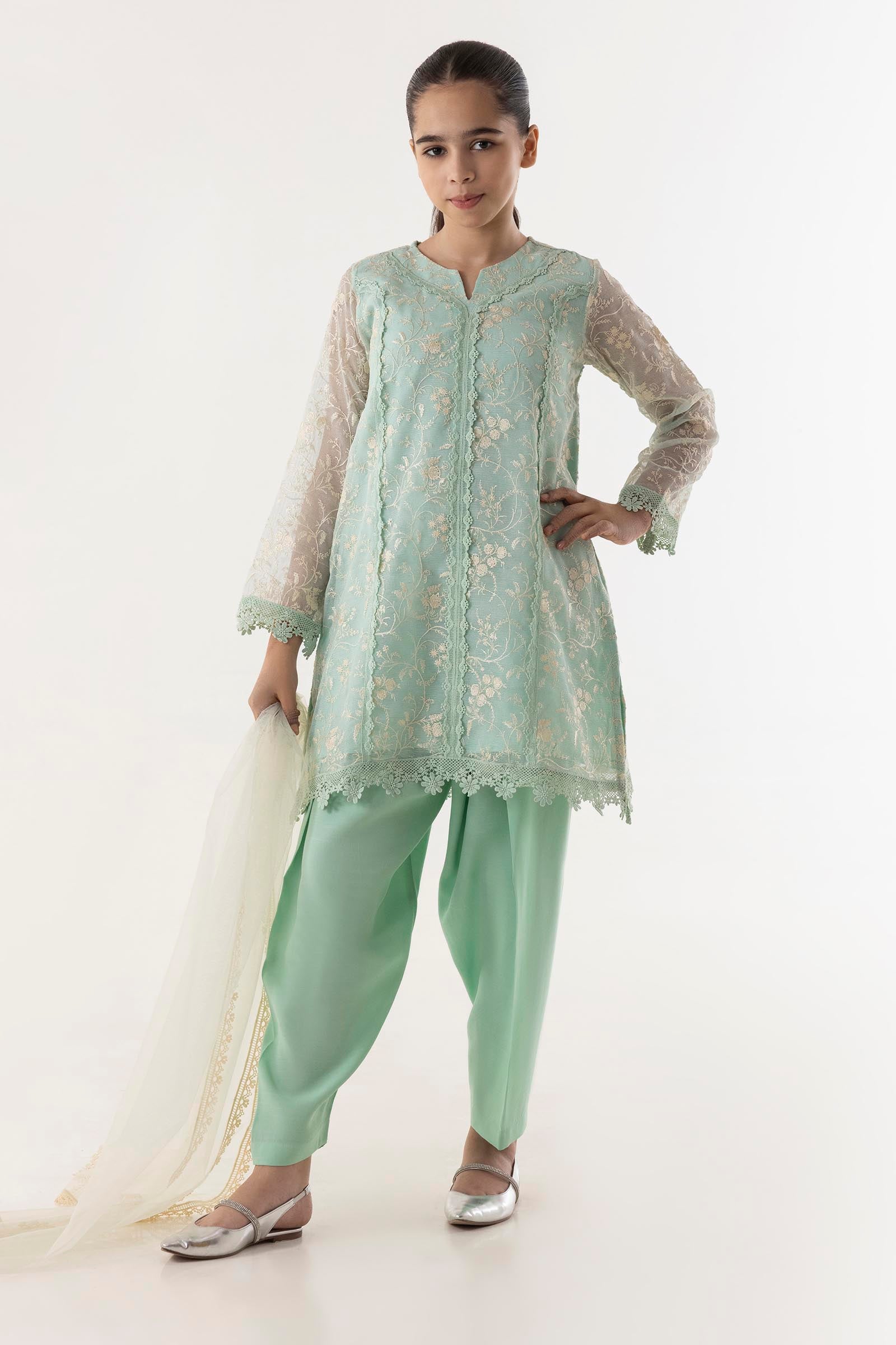 Stitched Kids Khaddi Net Embroidered Suit Main image