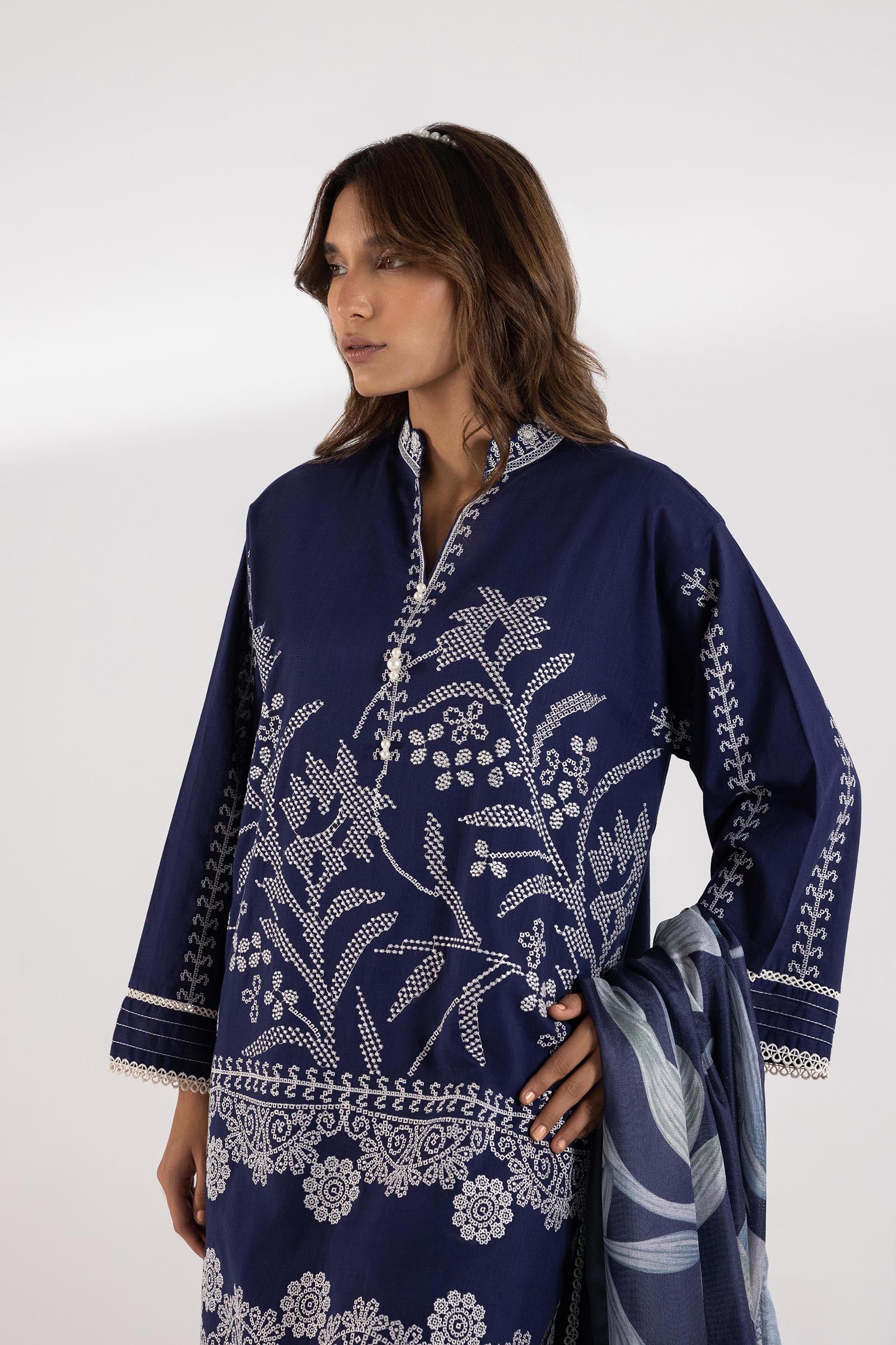 Stitched Embroidered Slub Lawn Set Secondary image