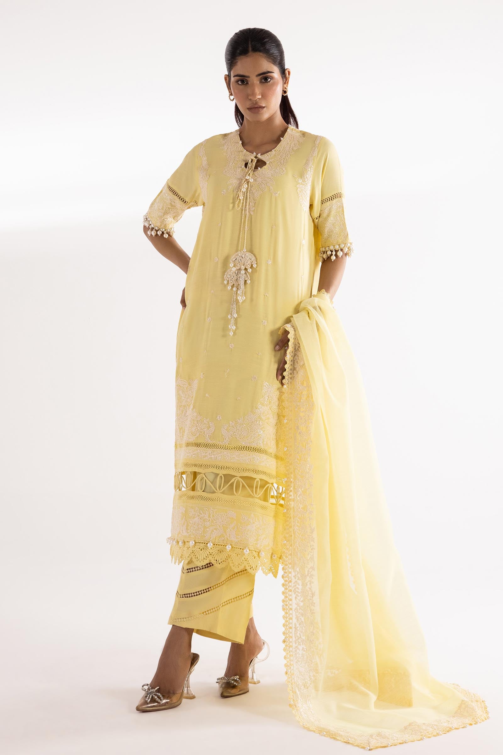 Stitched Embroidered Raw Silk Shirt + Culotte + Dupatta Main image