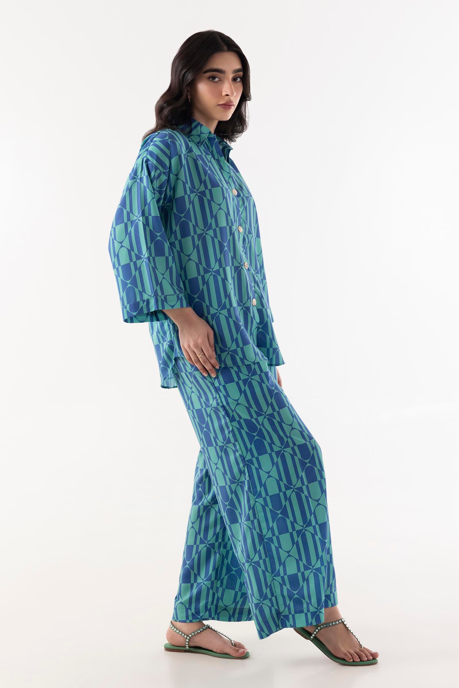 Stitched Blue Printed Cord Set