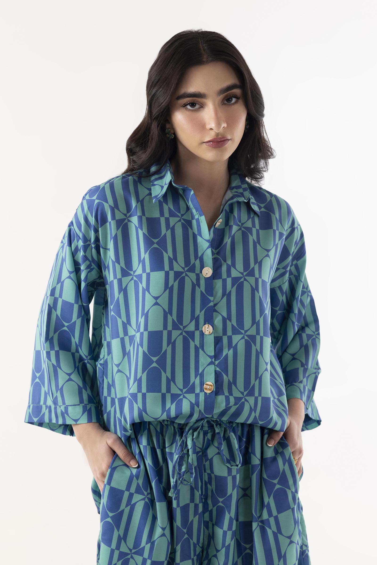 Stitched Blue Printed Cord Set