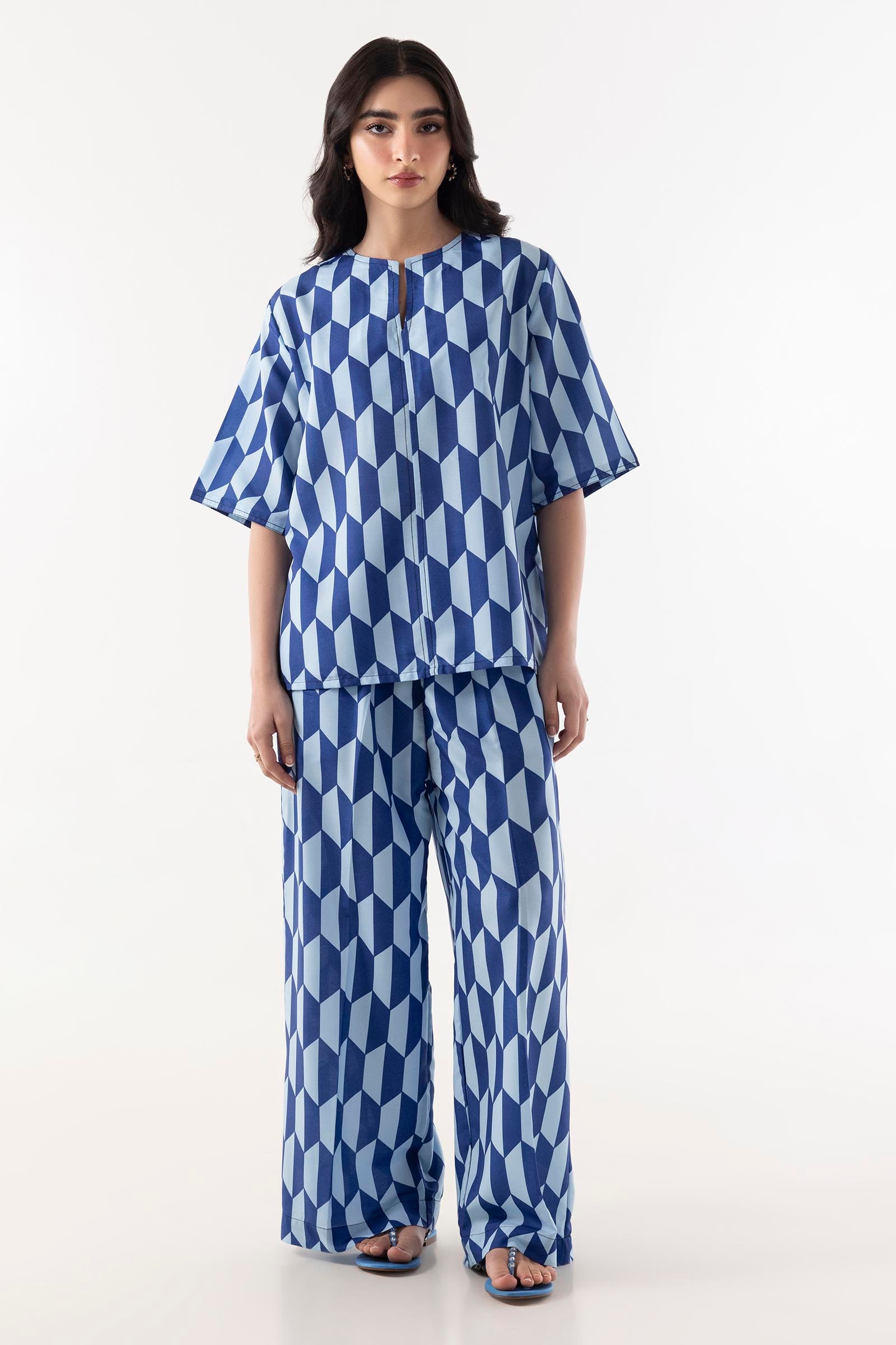 Stitched Blue Printed Cord Set Main image
