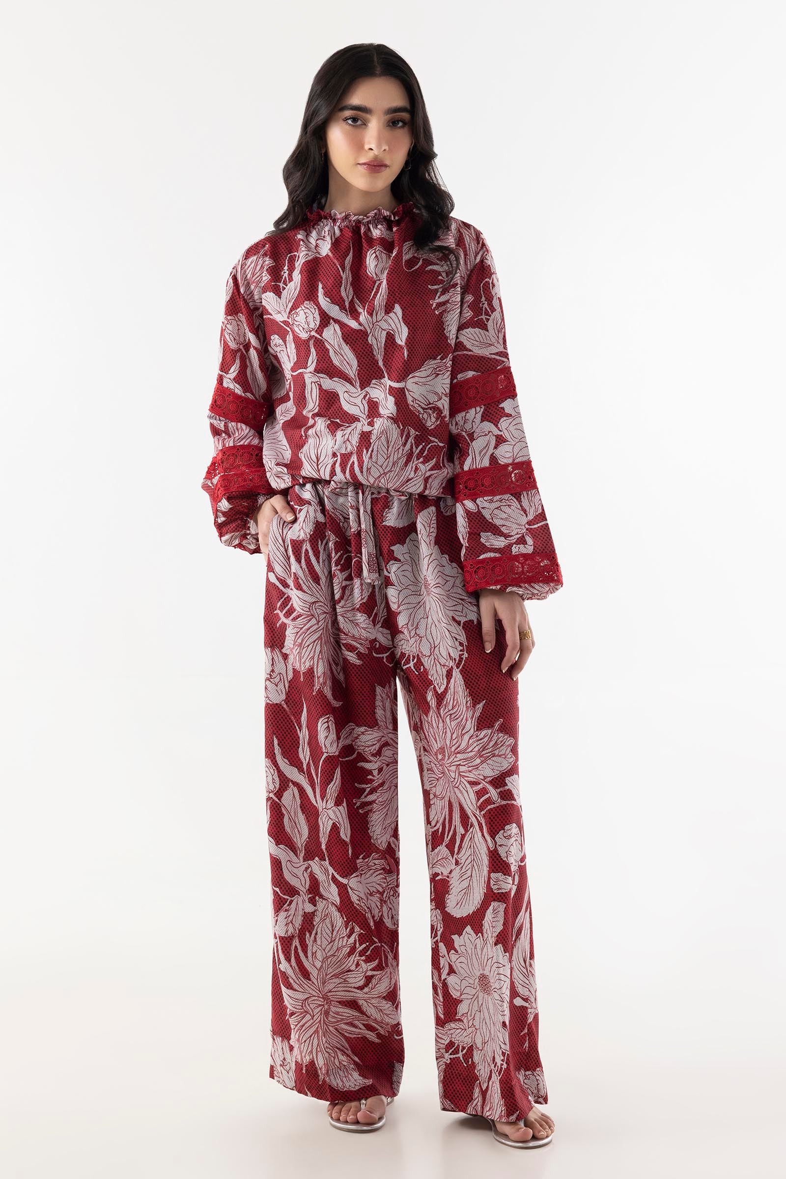 Stitched Red Printed Cord Set Secondary image