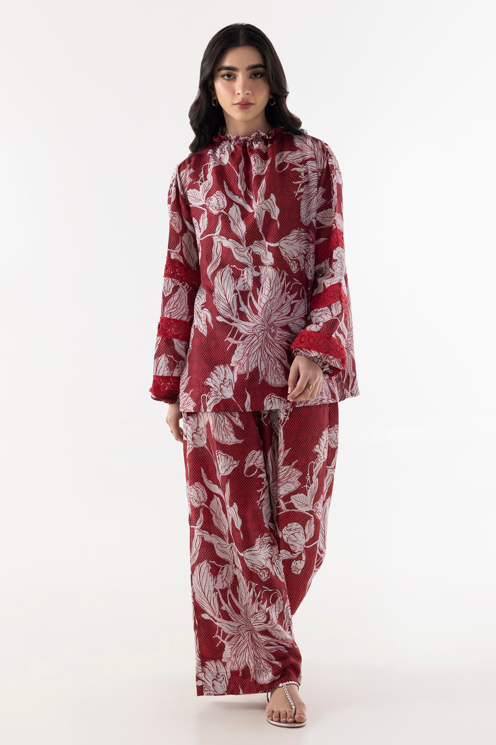 Stitched Red Printed Cord Set