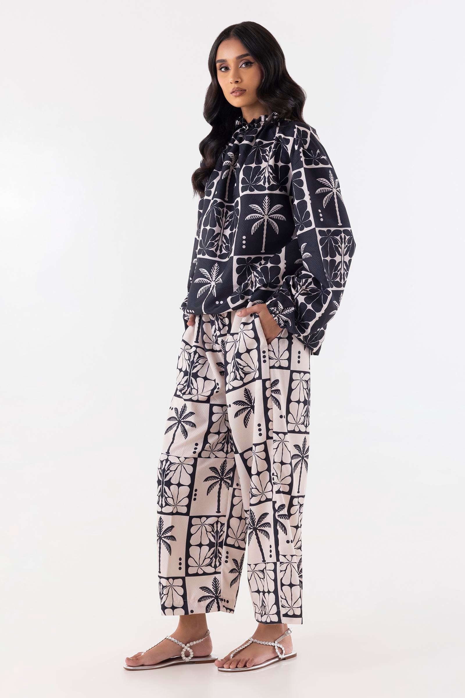 Stitched White And Black Printed Cord Set