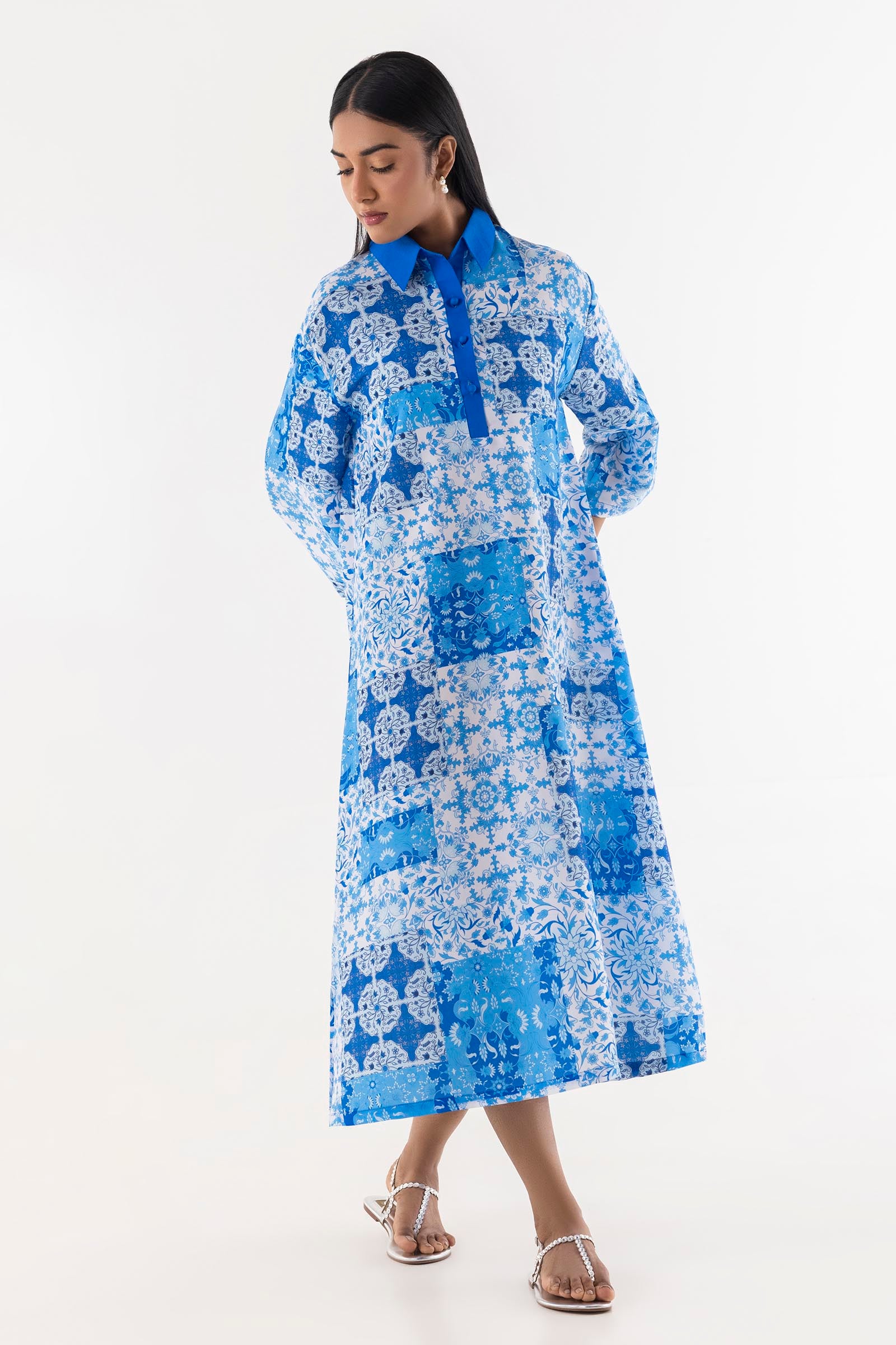 Stitched Blue Printed Dress Main image