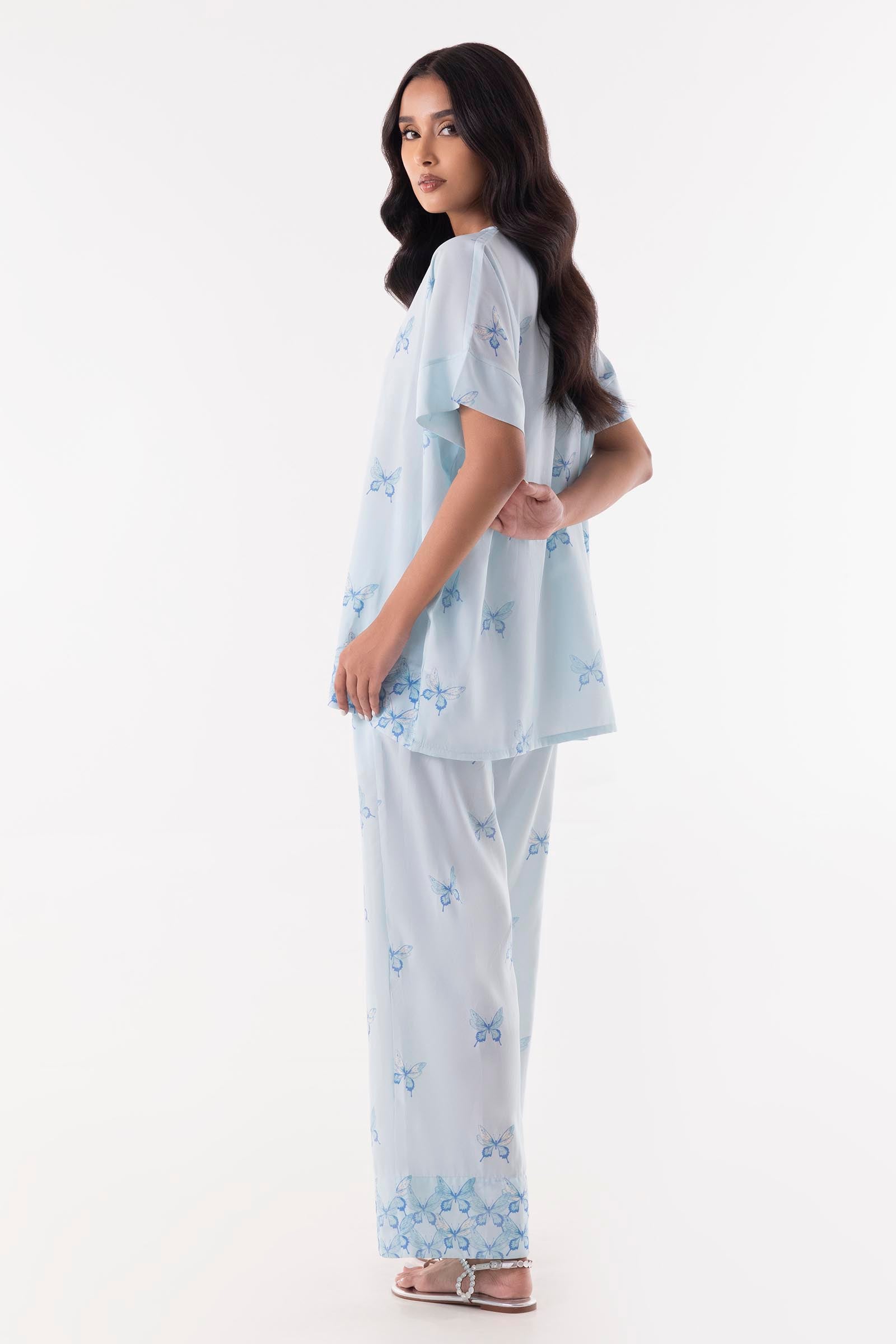 Stitched White Printed Cord Set