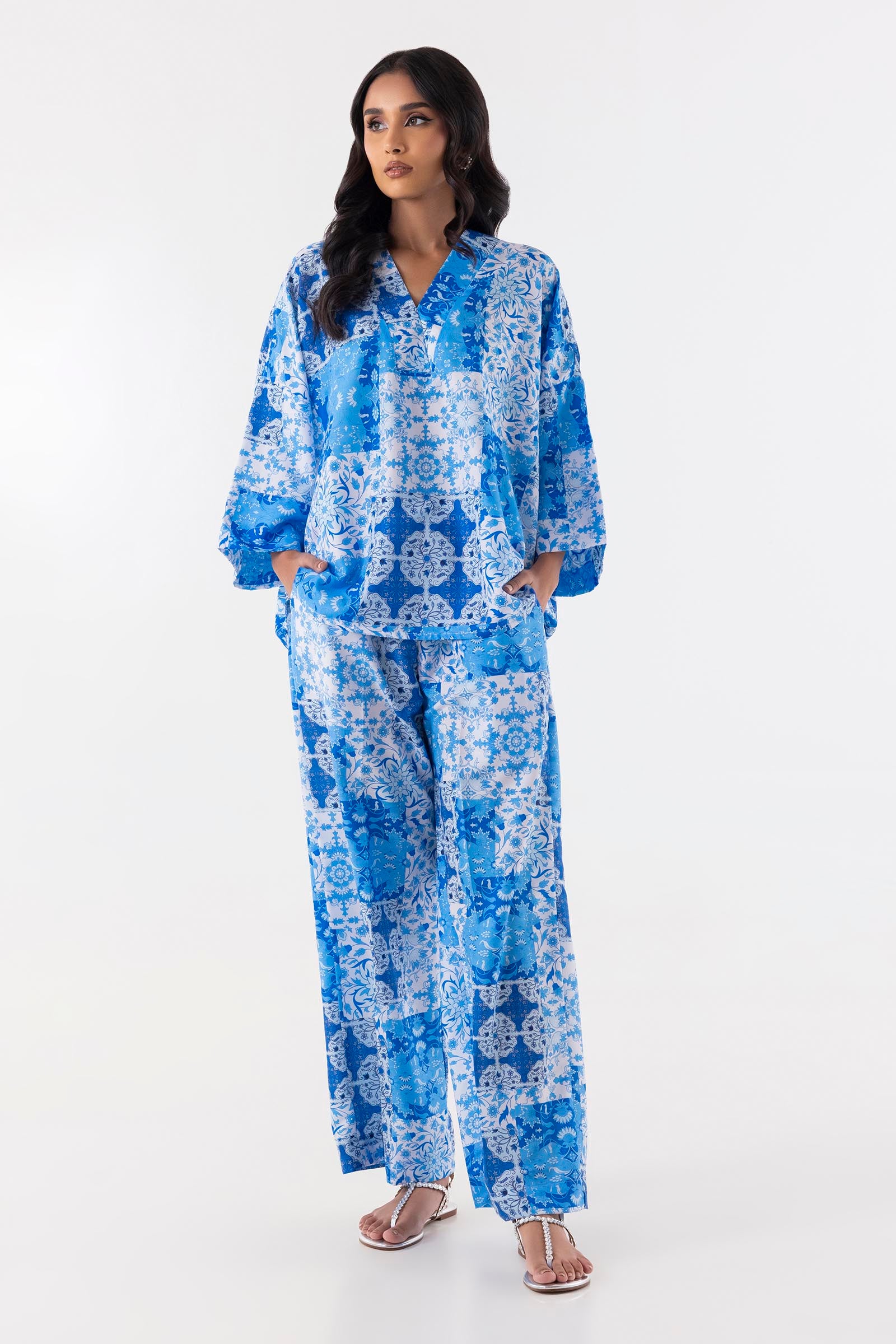 Stitched Blue Printed Cord Set Main image