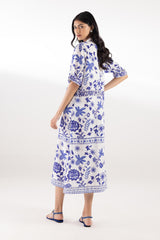 Stitched Printed White & Blue Dress