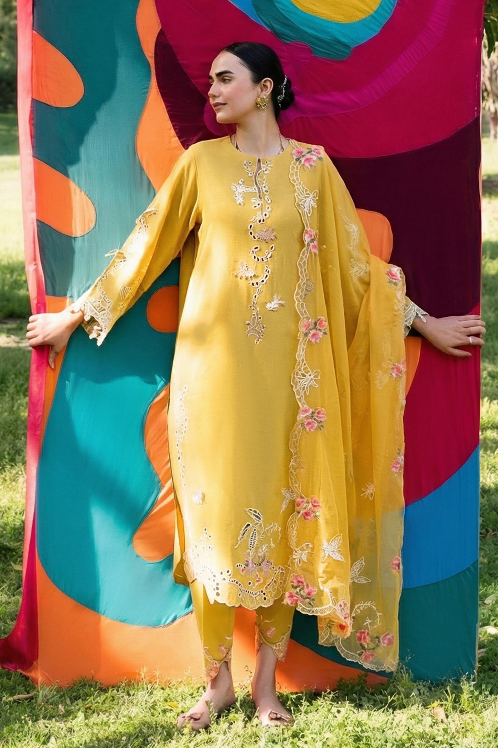Yellow Embroidered Slub Dupatta Main image