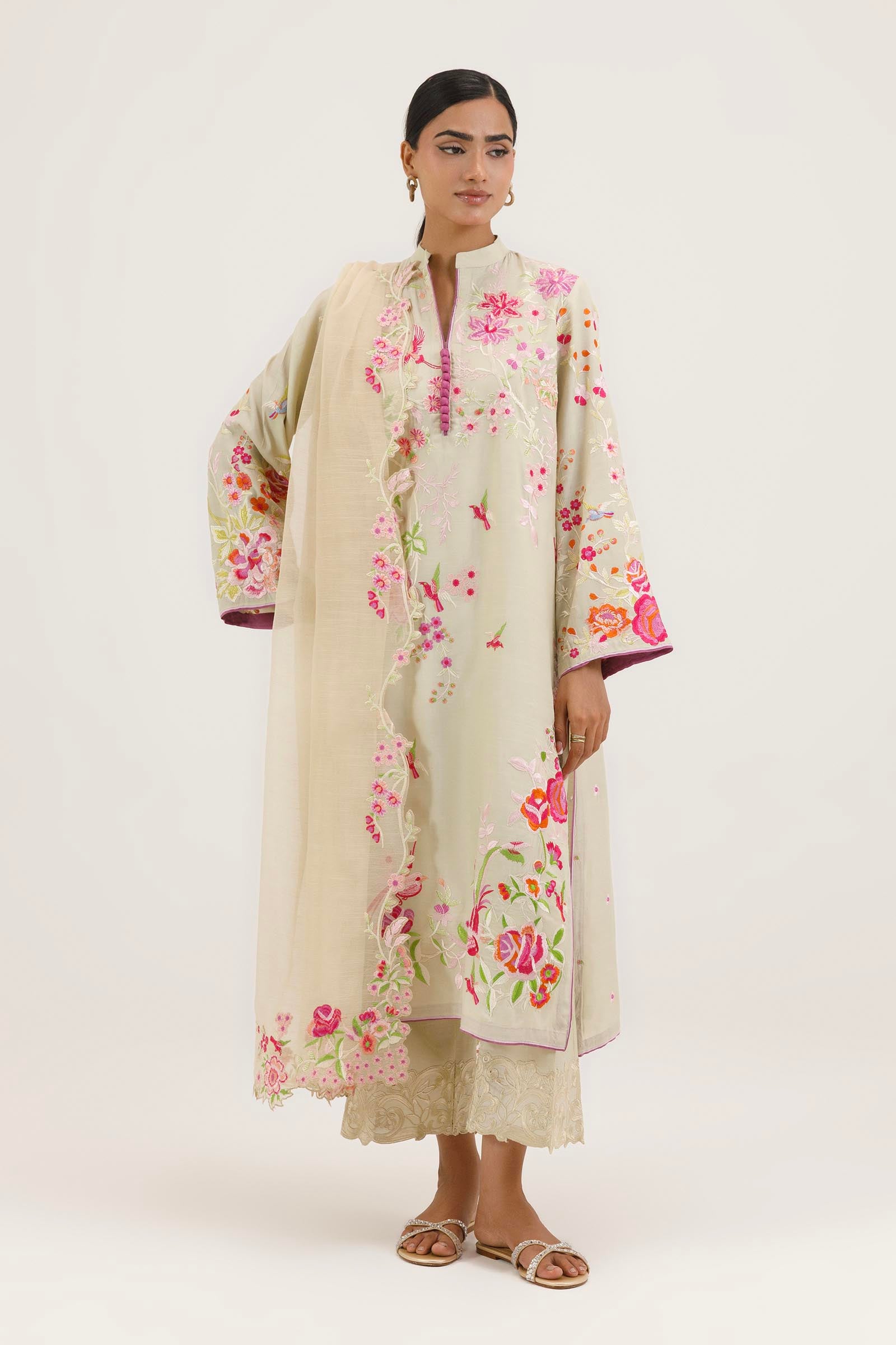 Stitched Embroidered Raw Silk Shirt+ Culotte Main image
