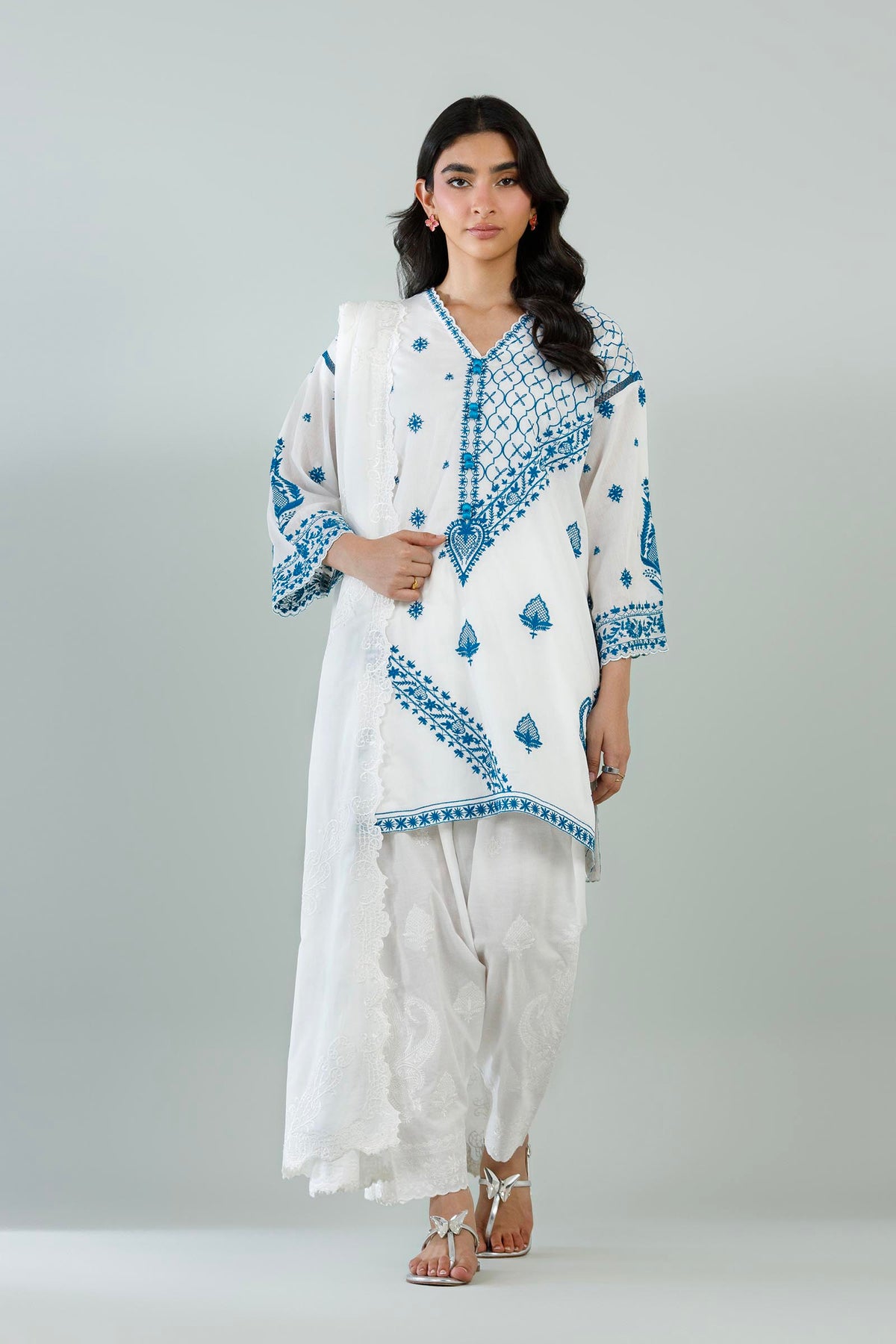 Sana Safinaz White Mahay Lawn Embroidered Dupatta, view 1