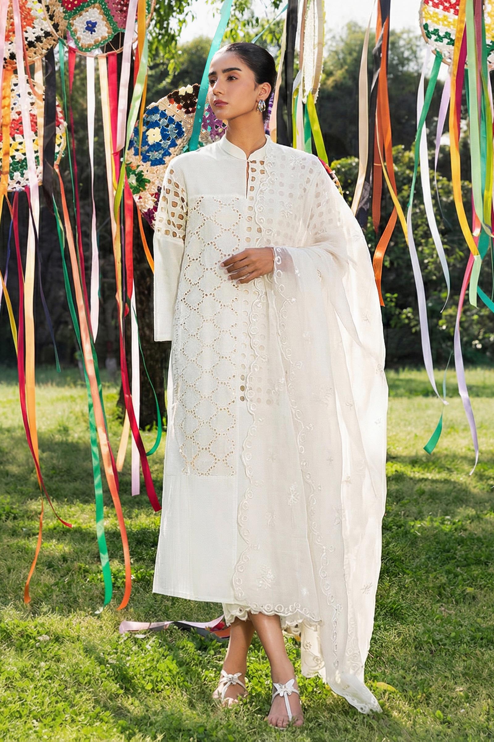 White Slub Embroidered Dupatta