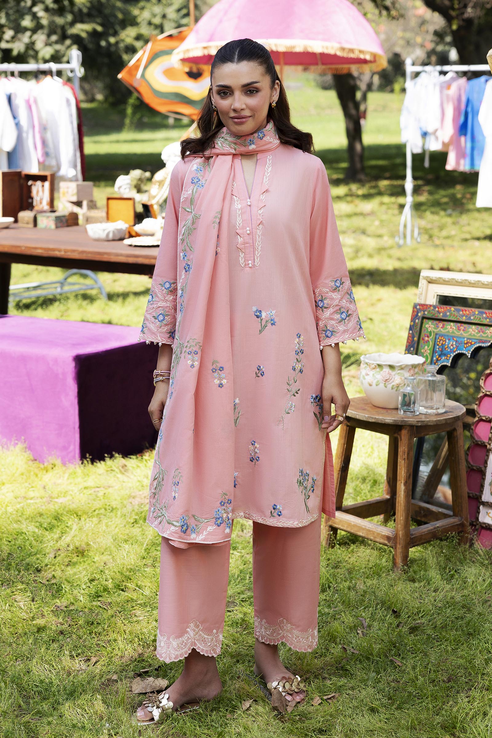 Stitched Embroidered Slub Lawn Suit Secondary image