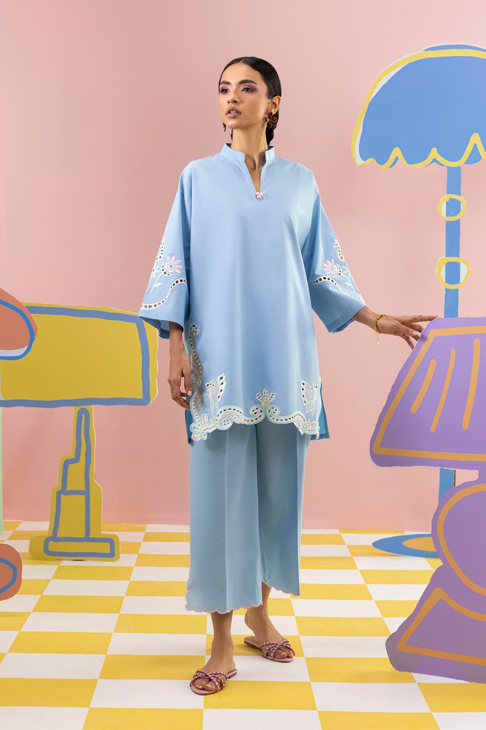 Stitched Embroidered Lawn Shirt+ Culotte Main image