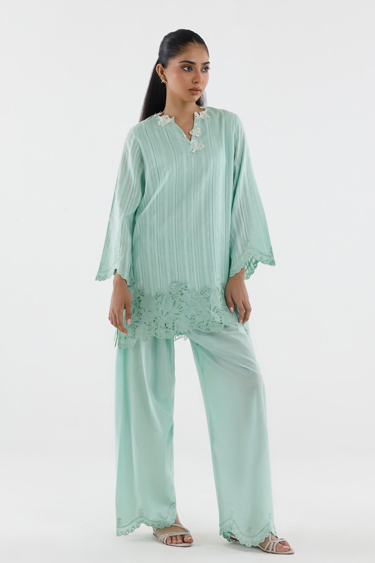 Stitched Embroidered Leno Kara Shirt+ Shalwar