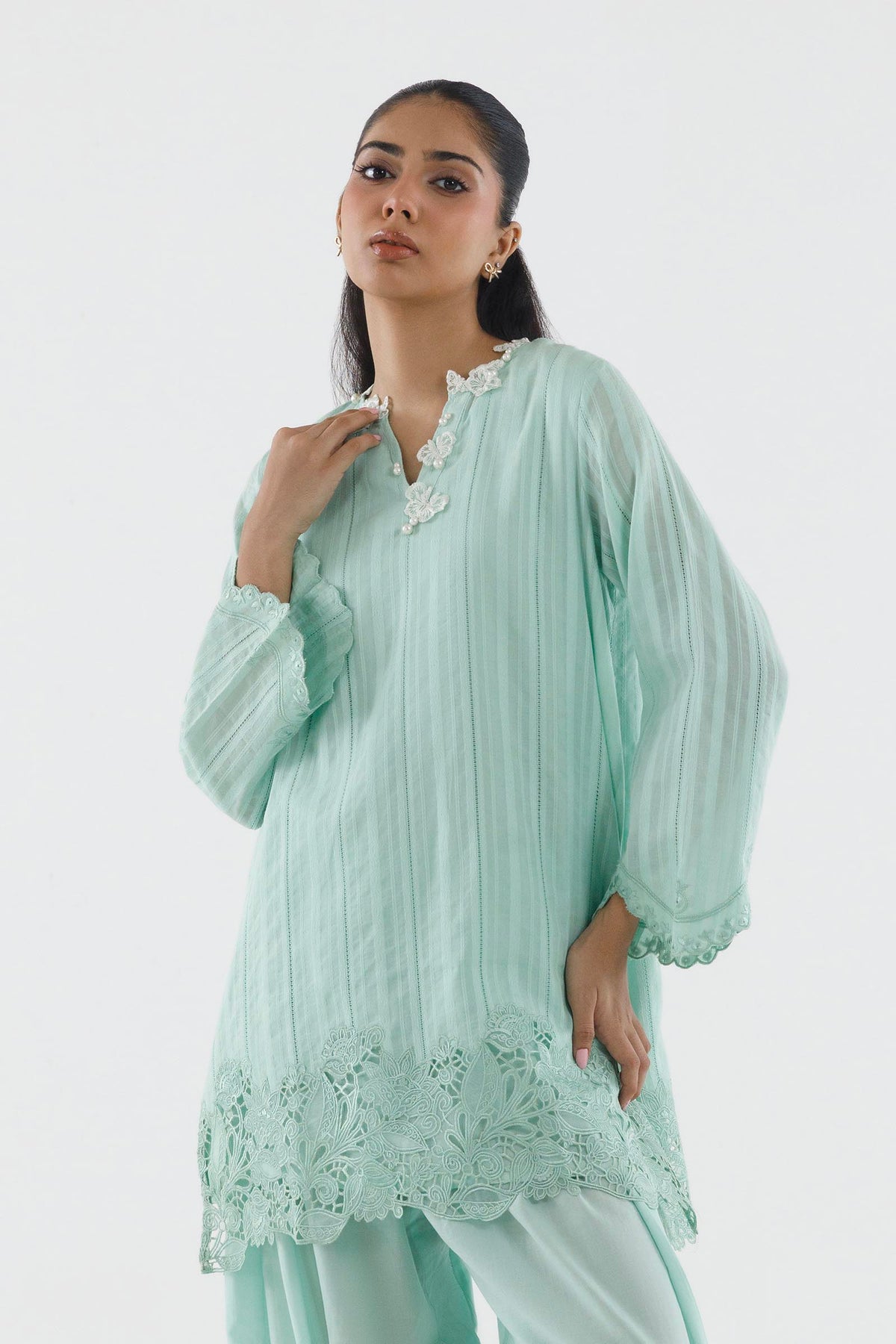Stitched Embroidered Leno Kara Shirt+ Shalwar