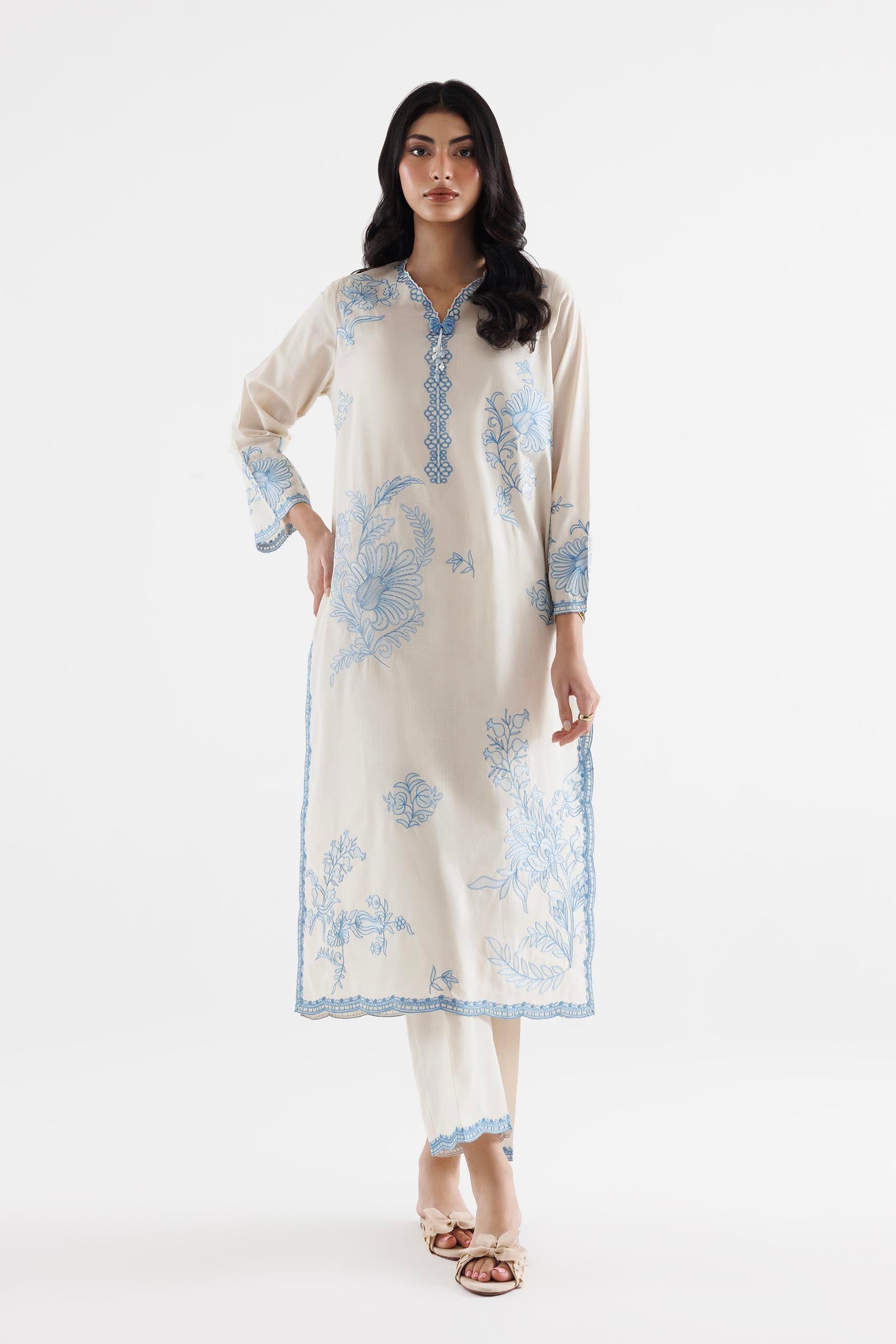 Stitched Embroidered Slub Lawn Shirt+ Culotte