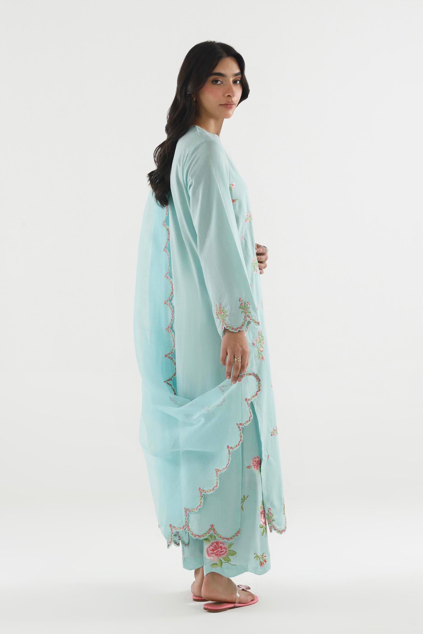 Stitched Embroidered Slub Lawn Suit