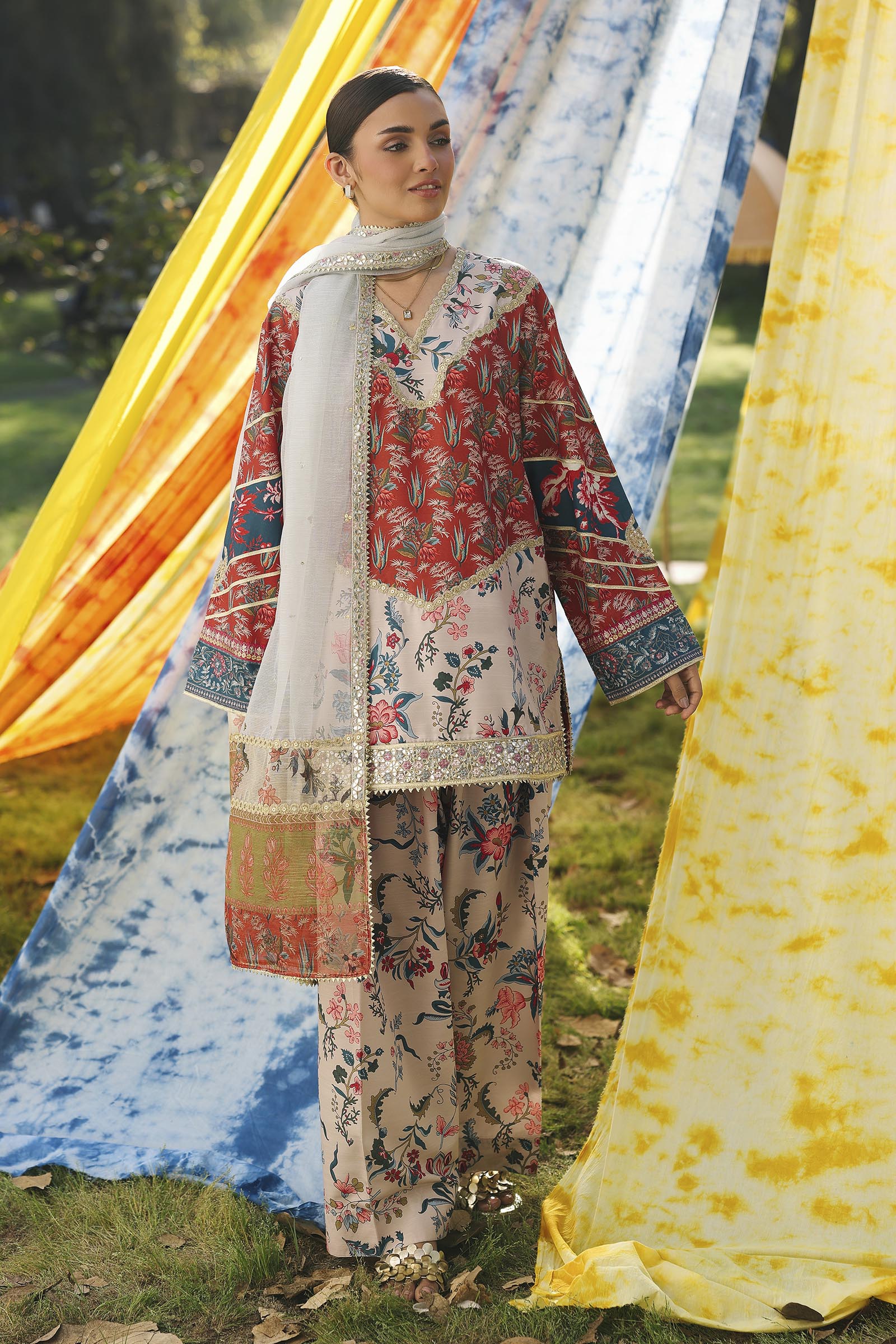 Stitched Embroidered Raw Silk Suit Main image