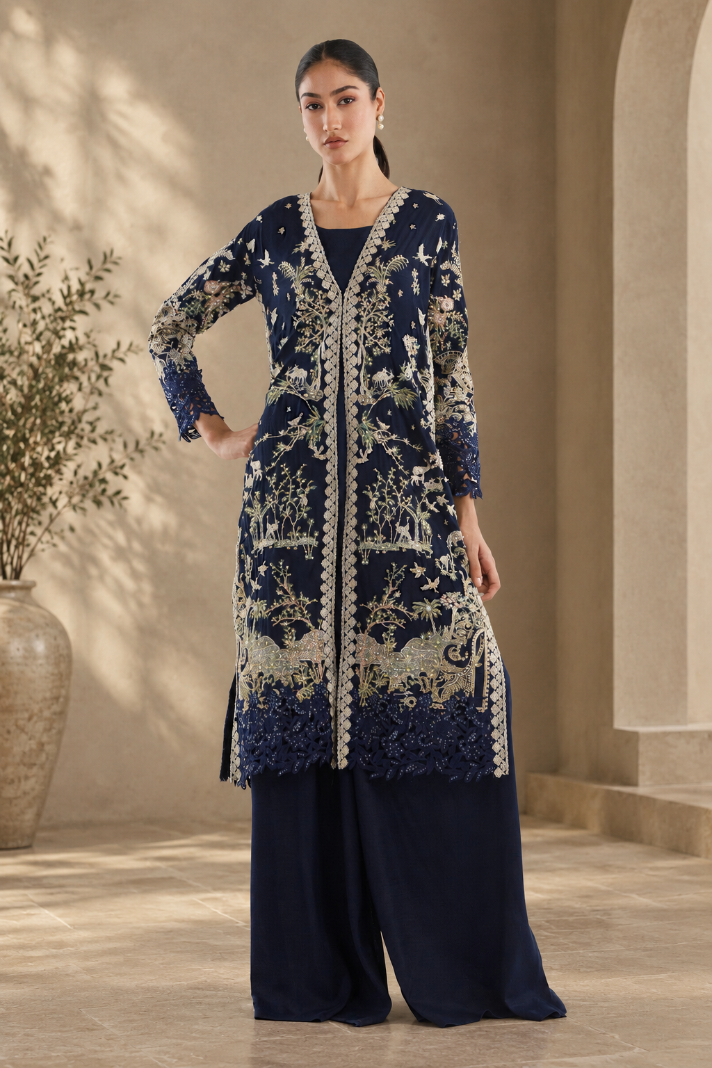 Stitched Embroidered Raw Silk Shirt+ Bottom Main image