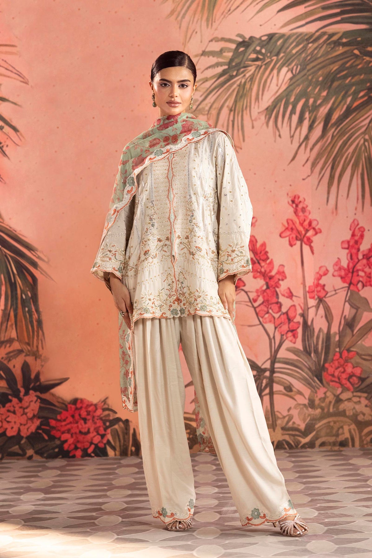 Stitched Embroidered Raw Silk Suit Main image
