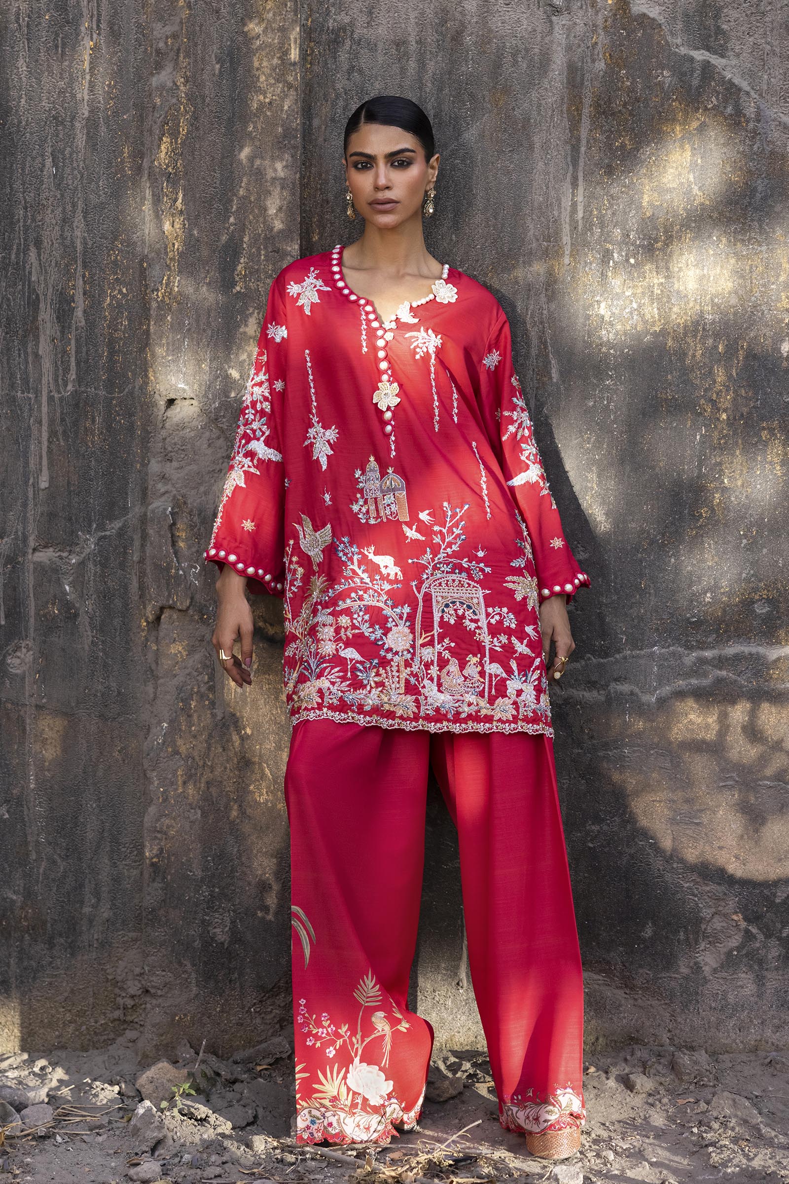 Stitched Embroidered Raw Silk Shirt+ Shalwar