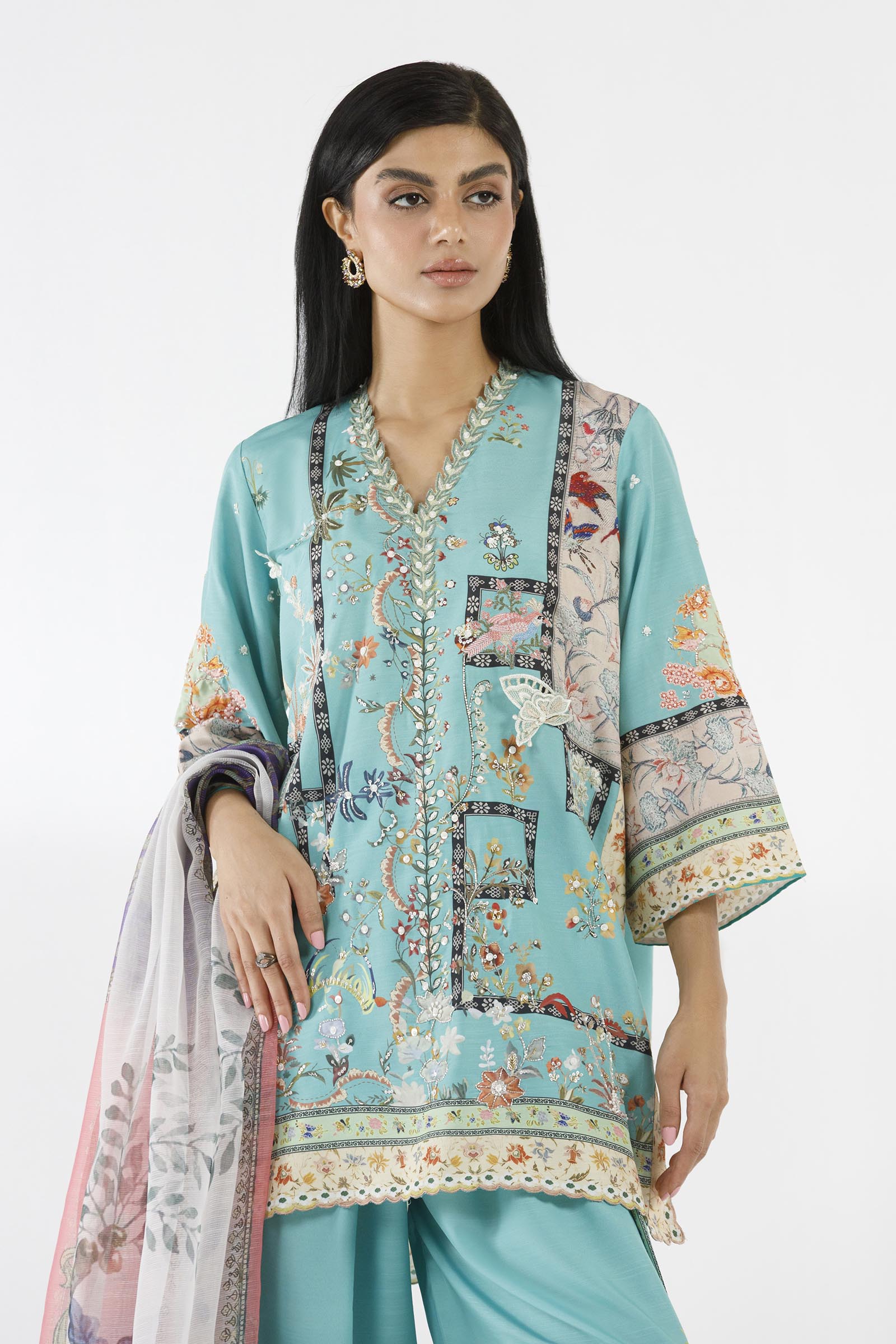 Stitched Printed Raw Silk Suit