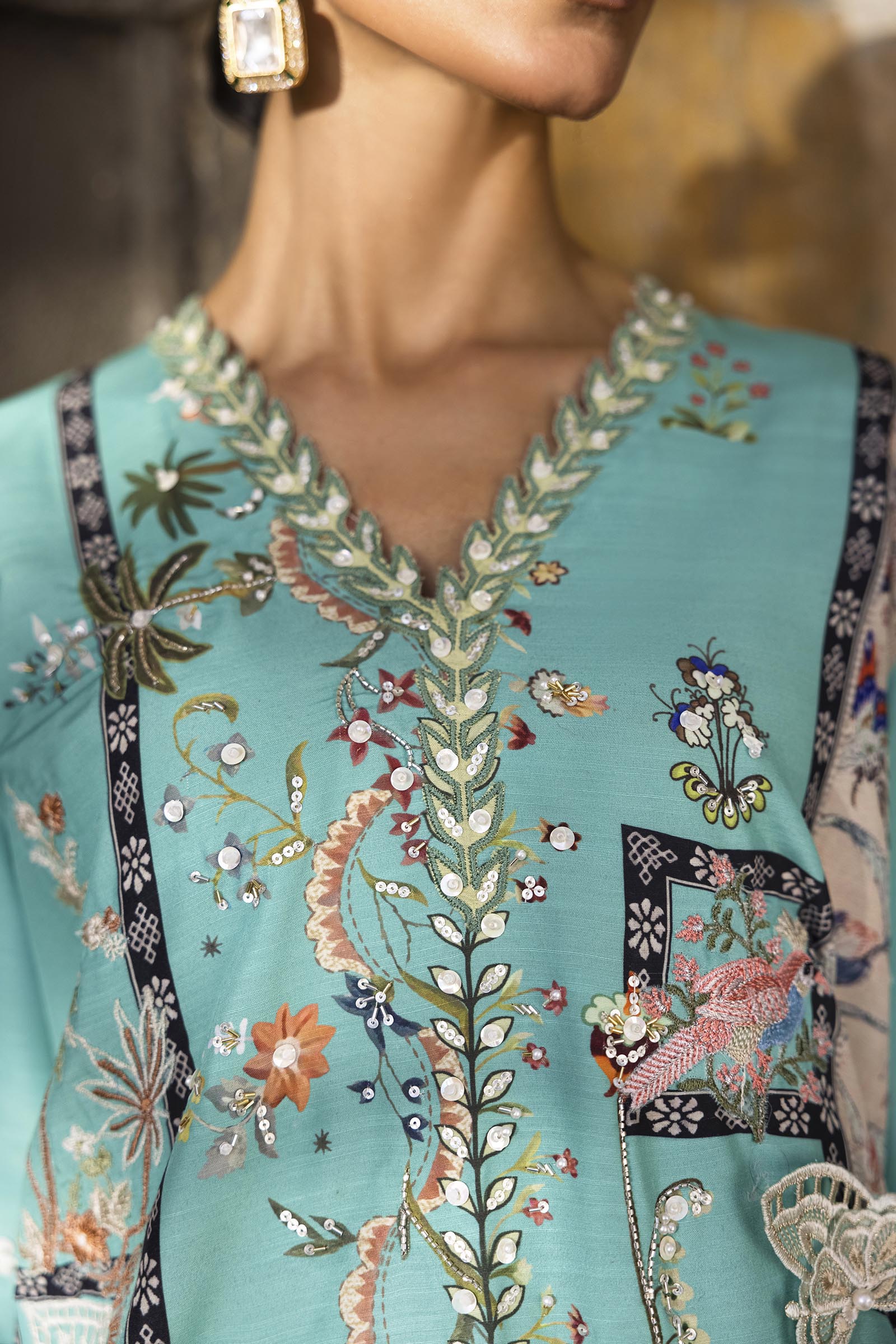 Stitched Printed Raw Silk Suit