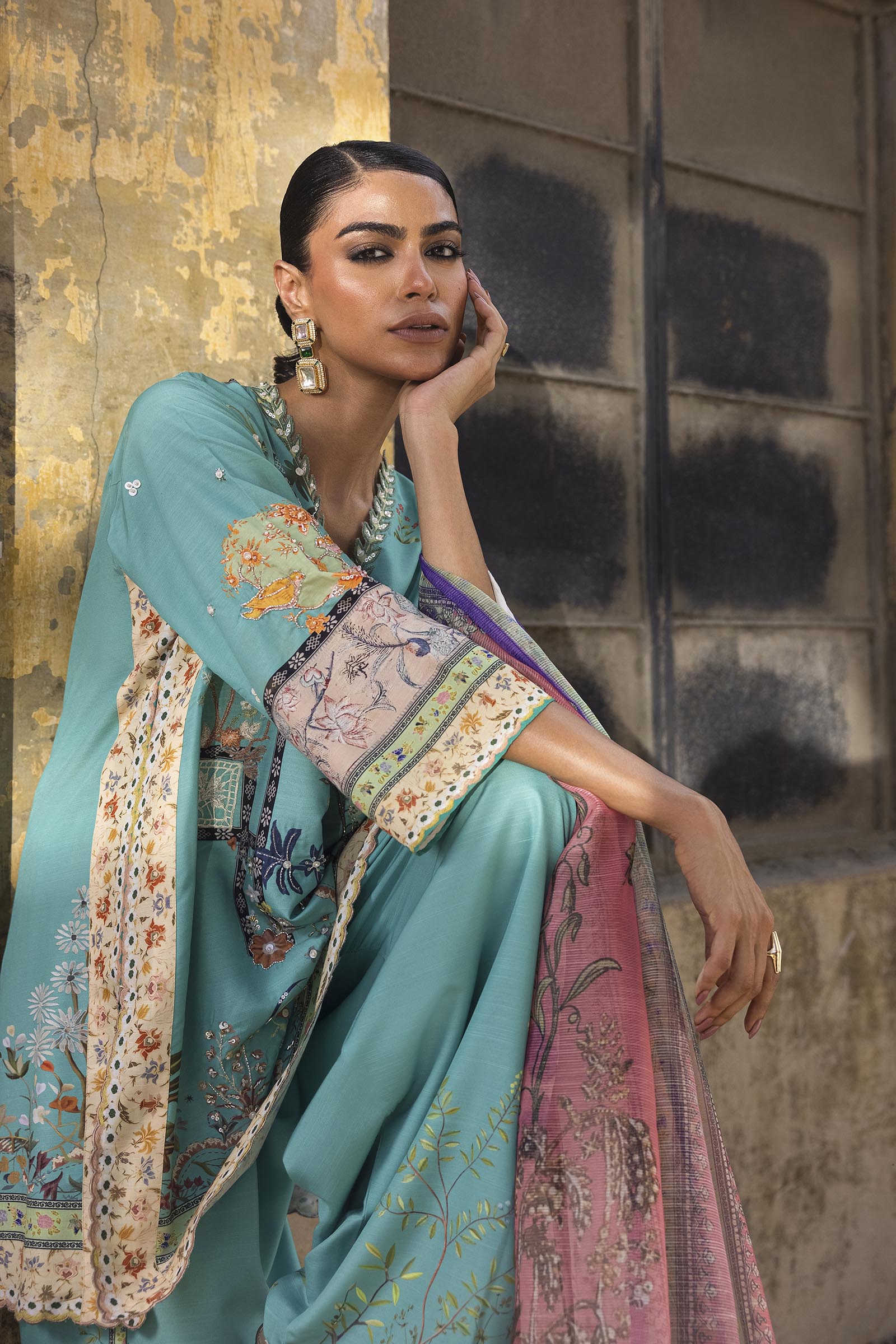 Stitched Printed Raw Silk Suit