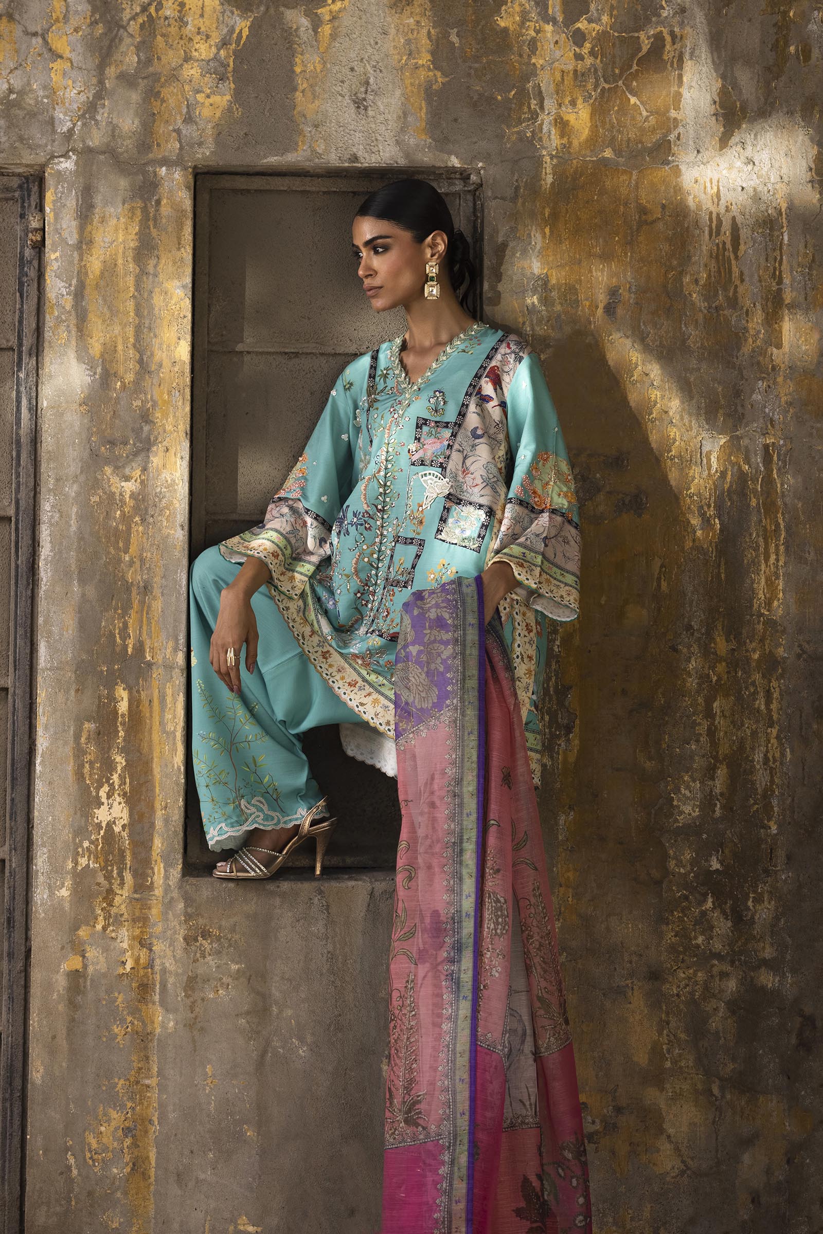 Stitched Printed Raw Silk Suit