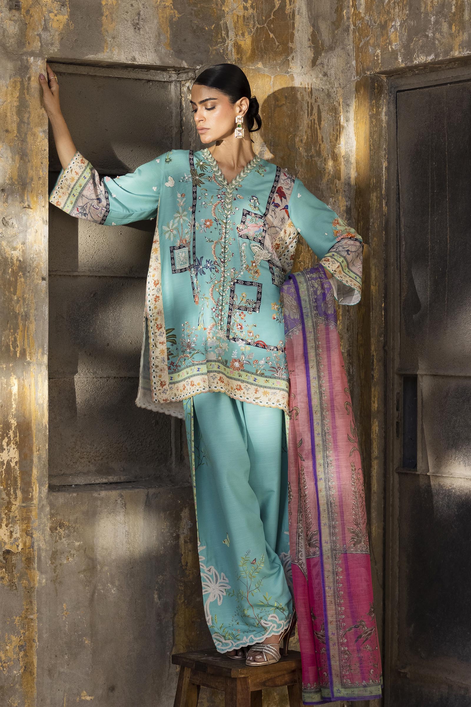 Stitched Printed Raw Silk Suit