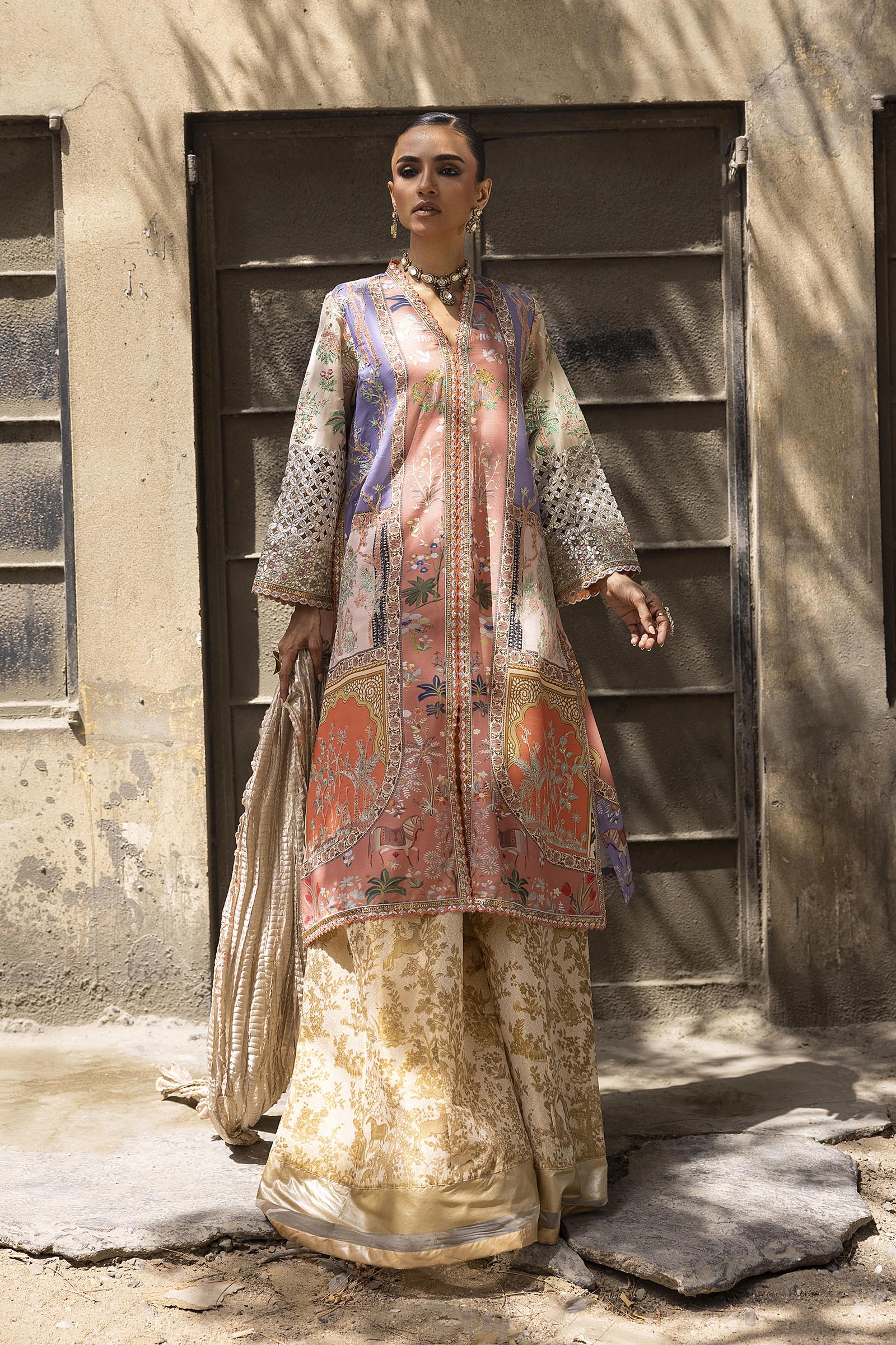 Stitched Embroidered Raw Silk Suit Main image