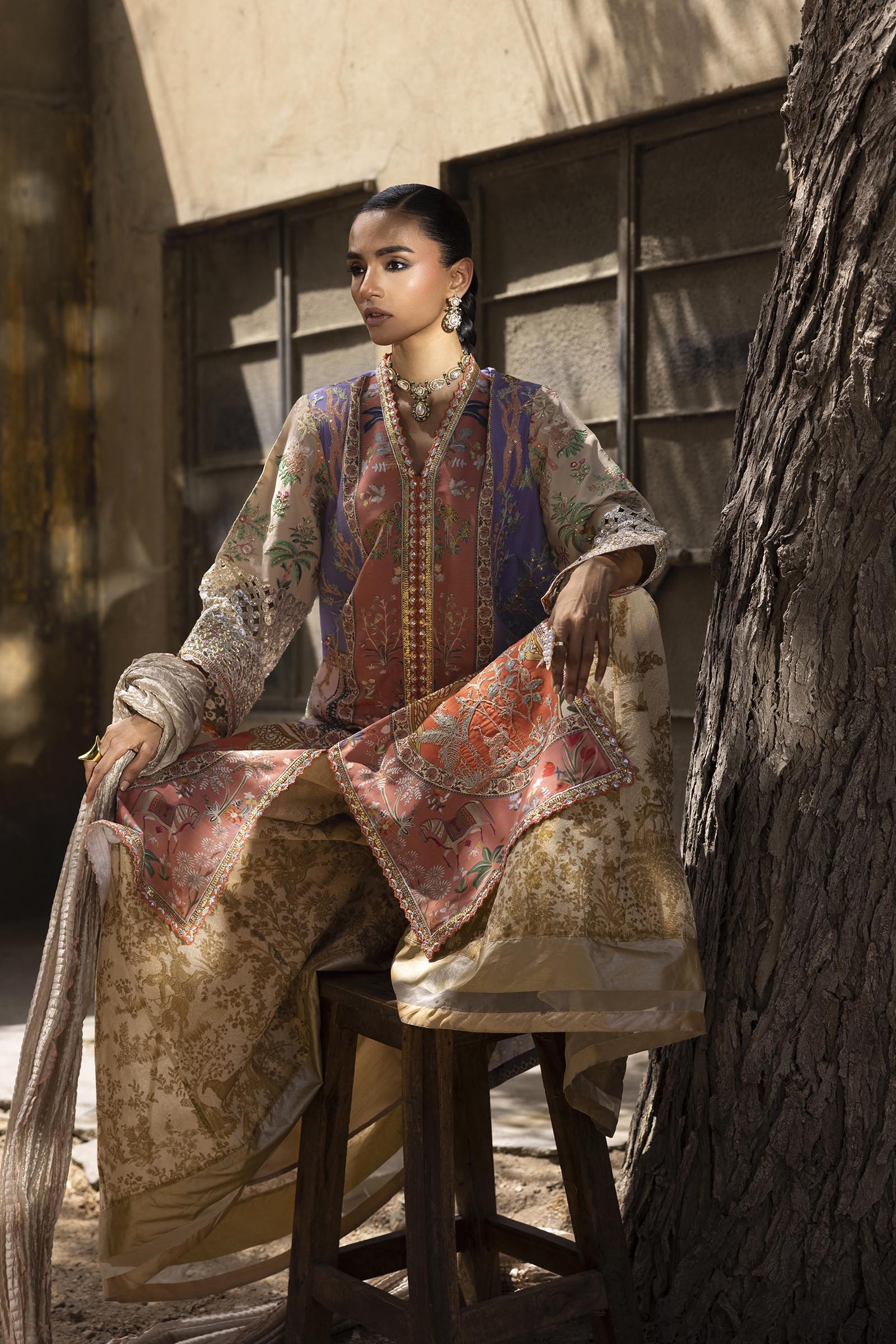 Stitched Embroidered Raw Silk Suit Secondary image
