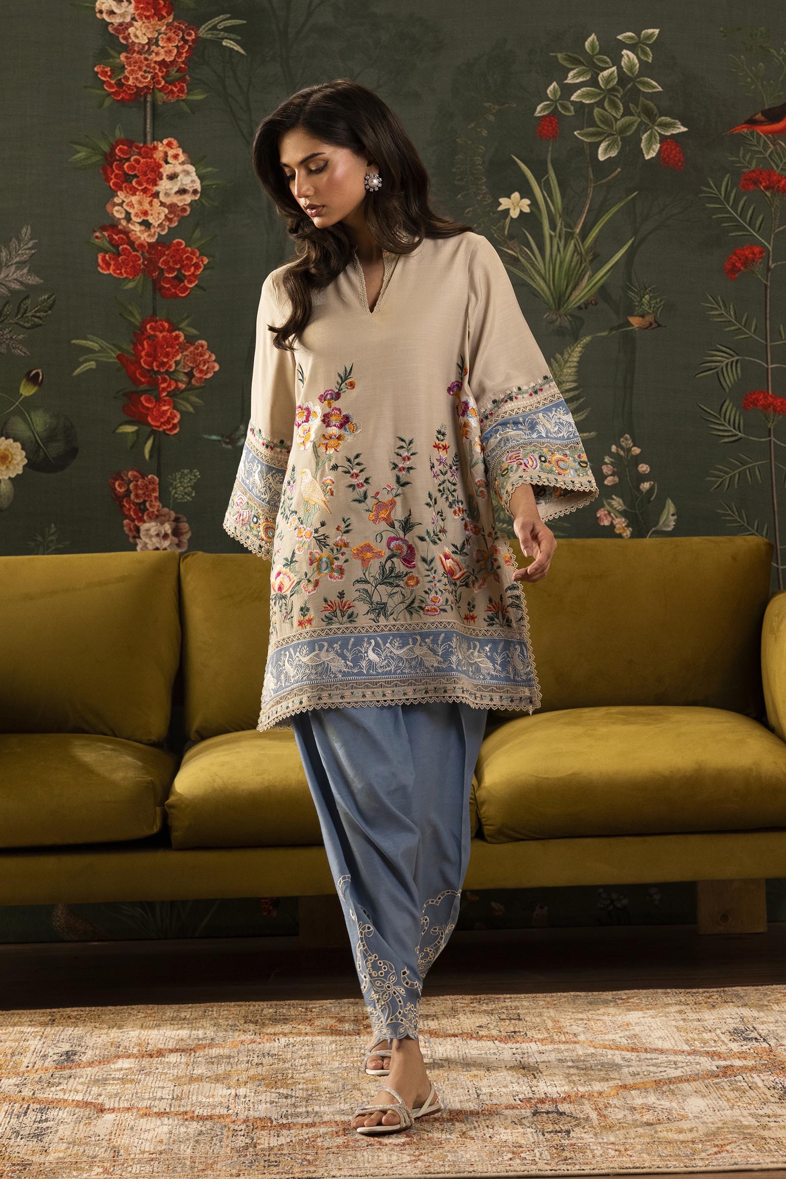 Stitched Embroidered Raw Silk Shirt+ Shalwar