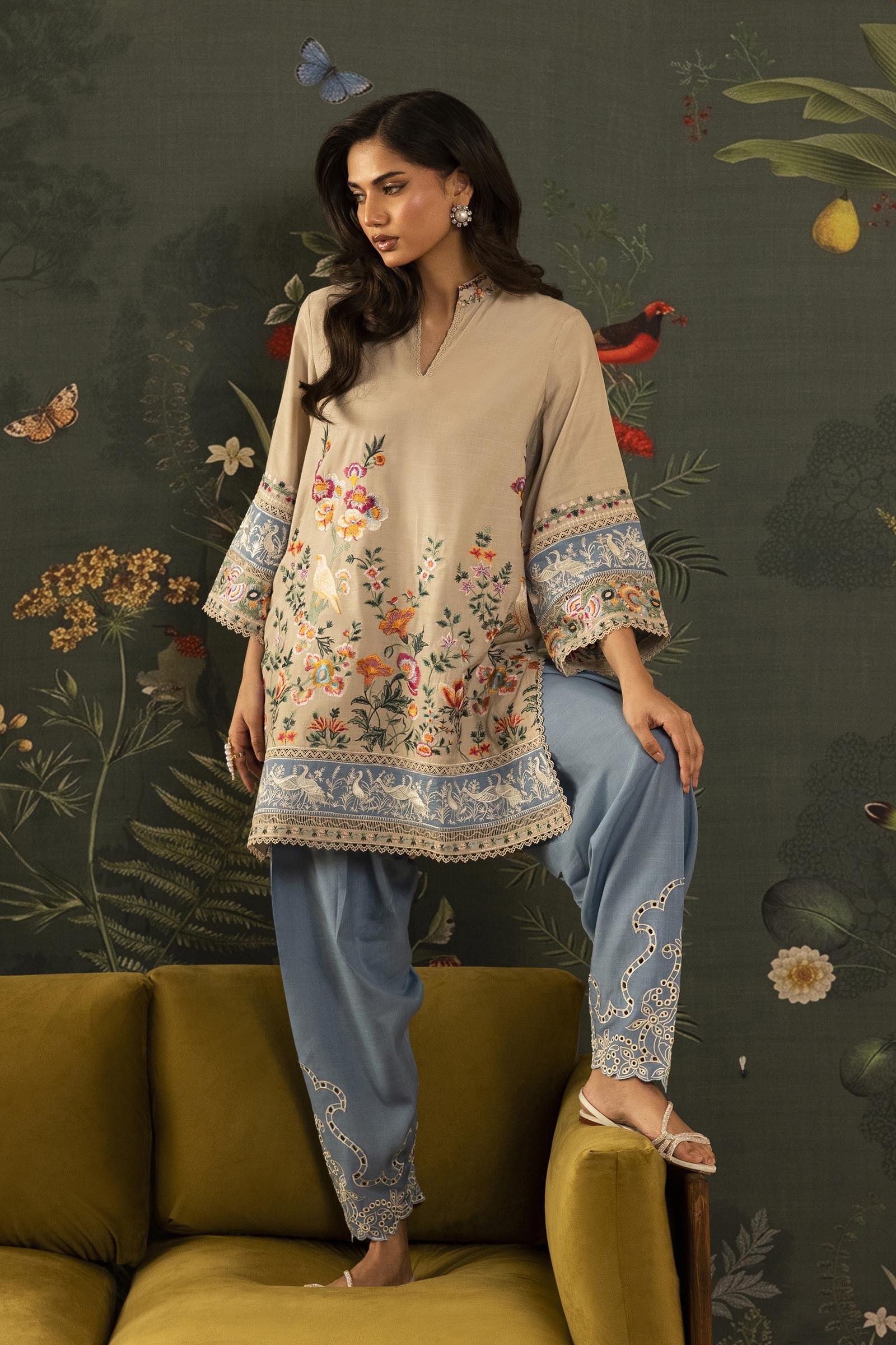 Stitched Embroidered Raw Silk Shirt+ Shalwar