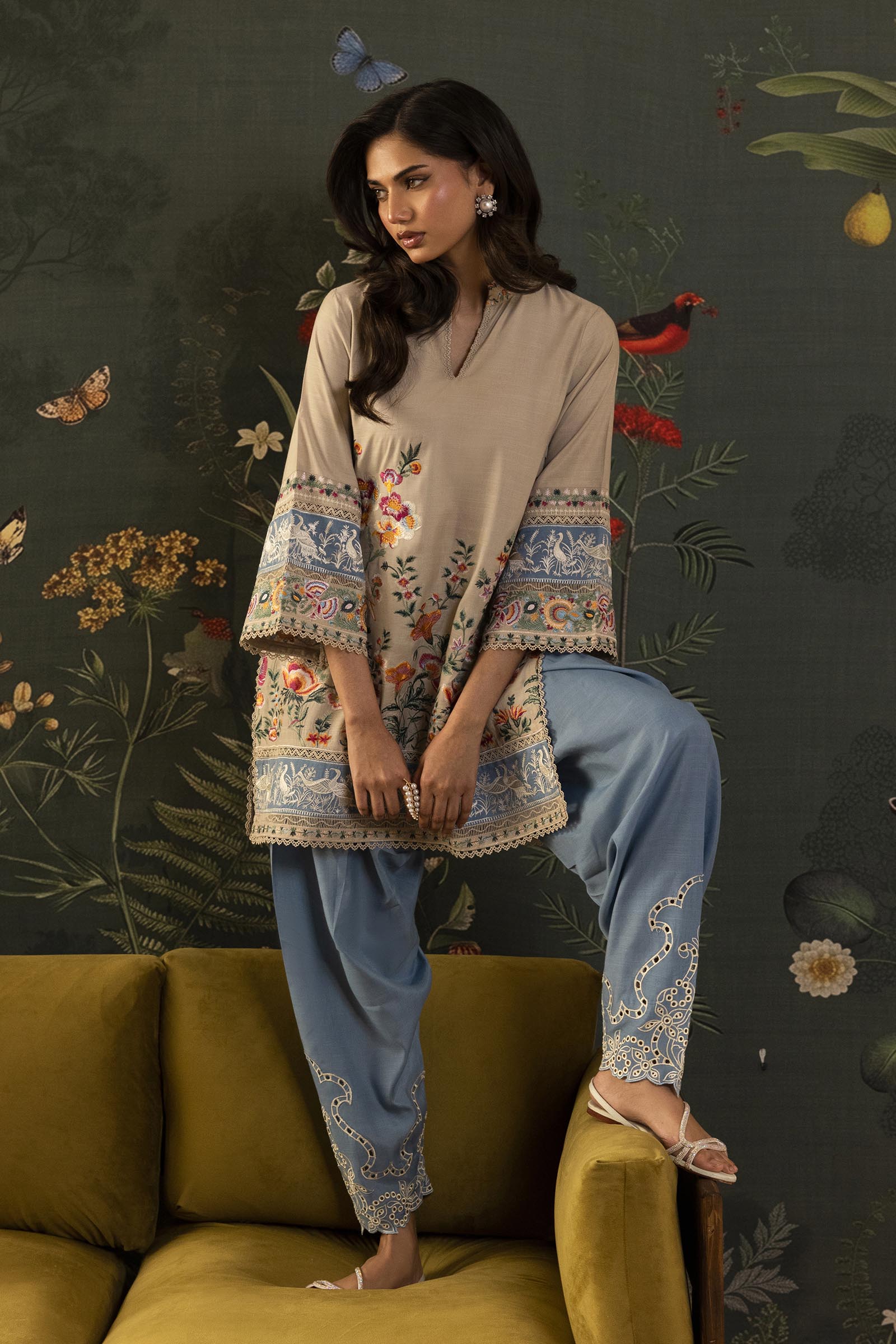 Stitched Embroidered Raw Silk Shirt+ Shalwar