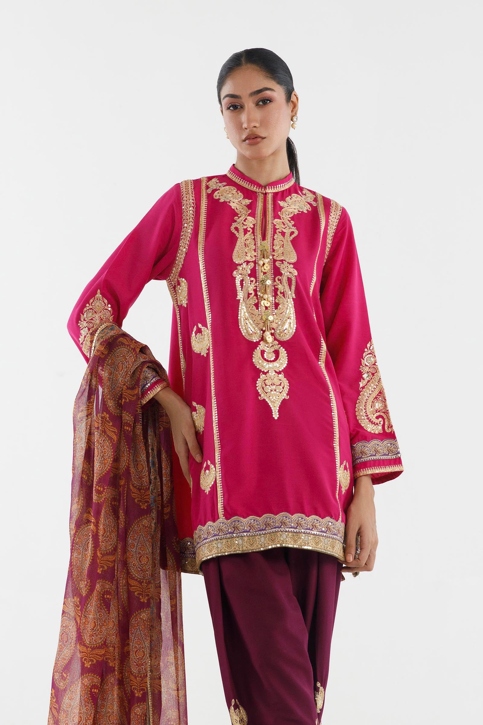 Stitched Embroidered Blended Raw Silk Suit Secondary image