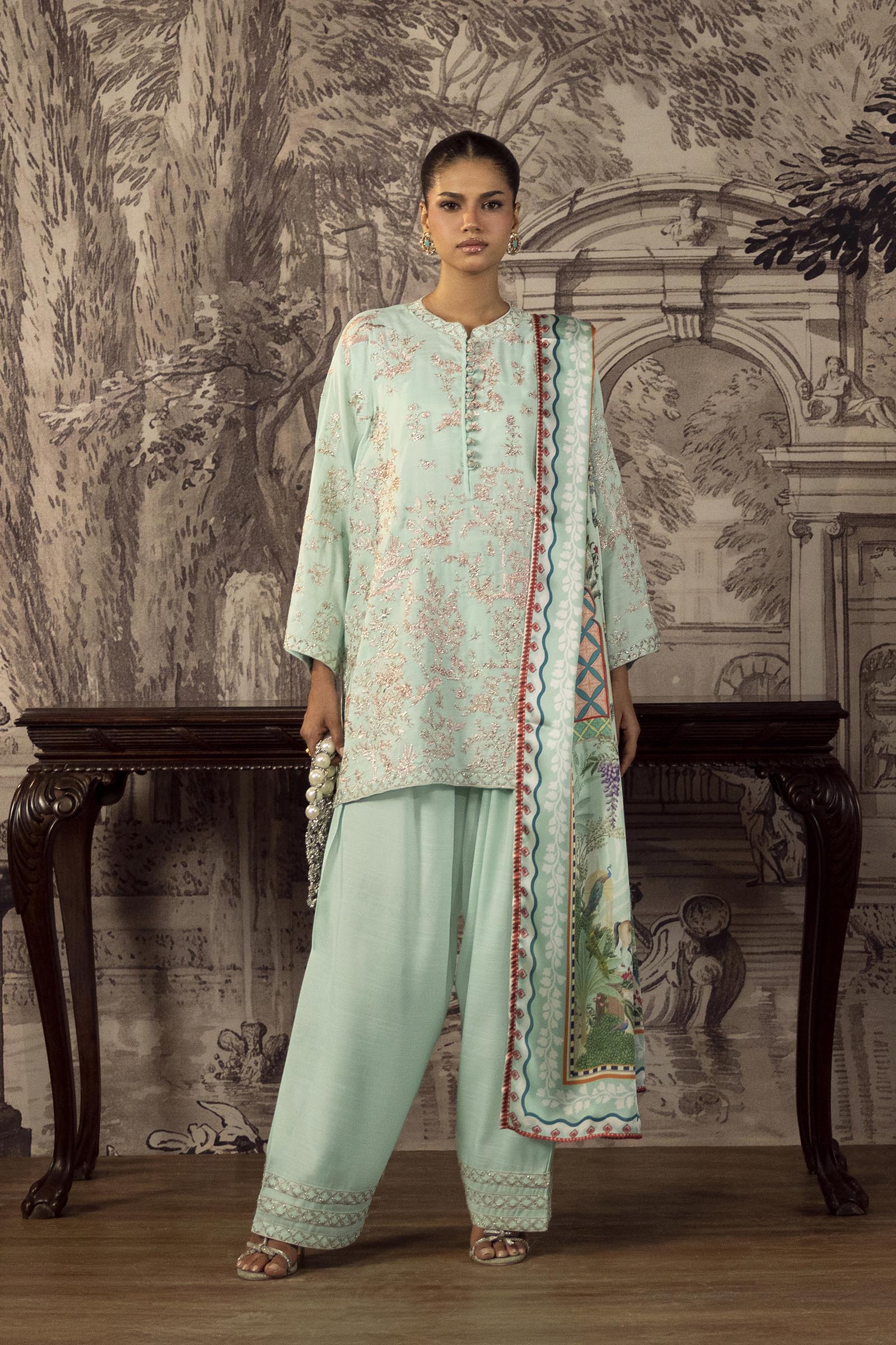 Stitched Embroidered Raw Silk Suit Secondary image