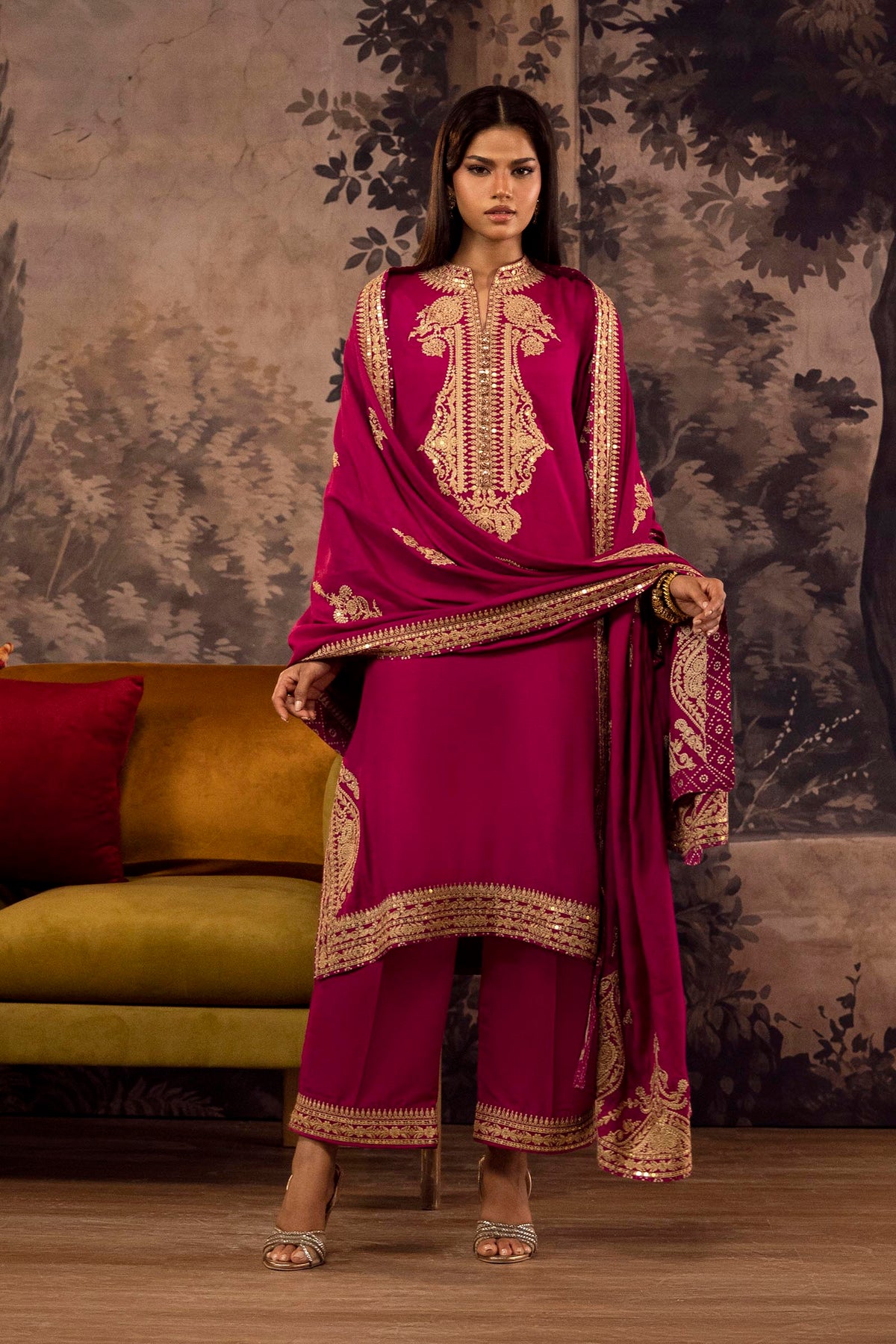 Stitched Embroidered Blended Raw Silk Suit Main image