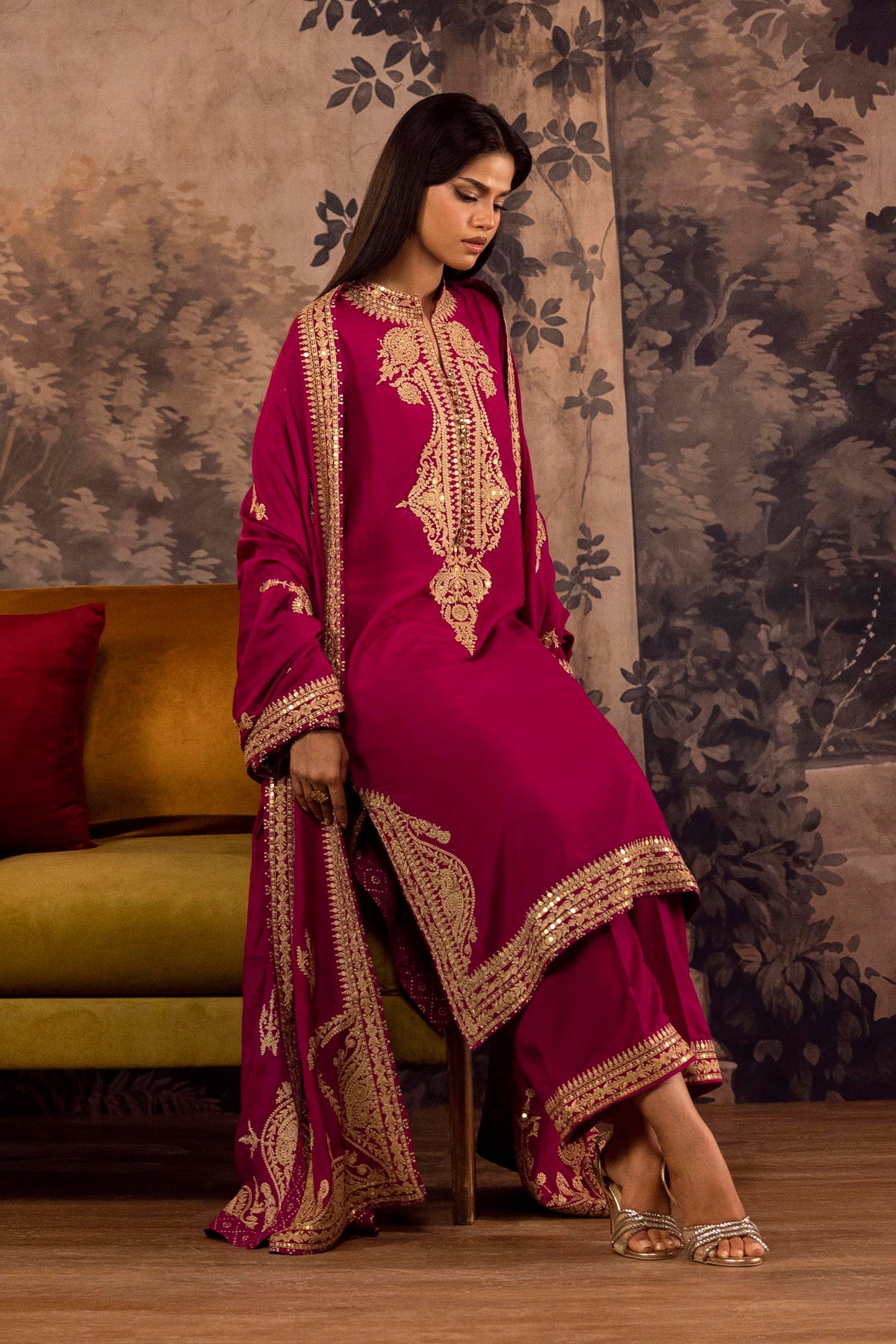 Stitched Embroidered Blended Raw Silk Suit