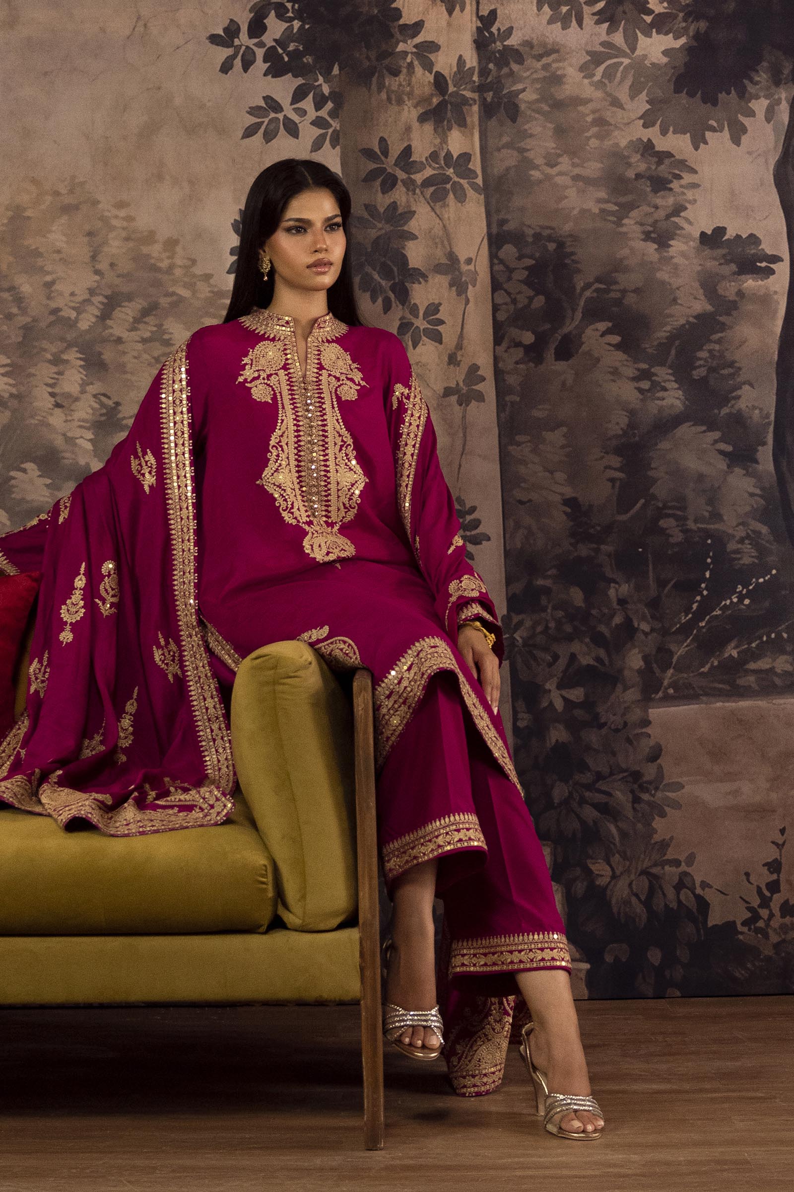 Stitched Embroidered Blended Raw Silk Suit Secondary image