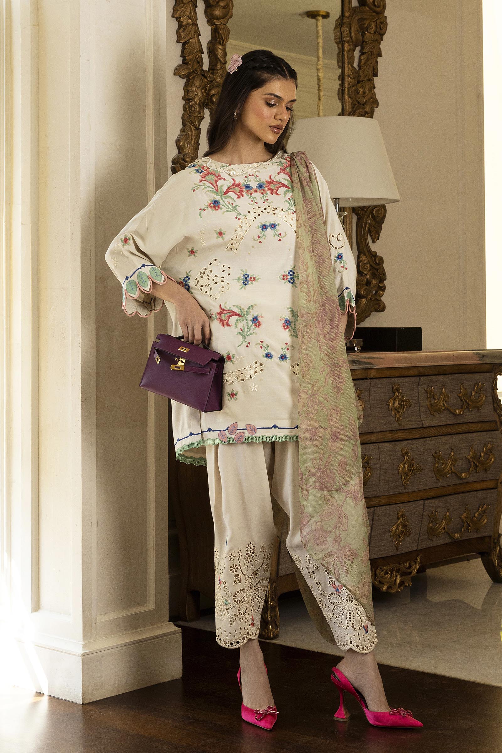 Stitched Embroidered Raw Silk Shirt+ Shalwar Main image