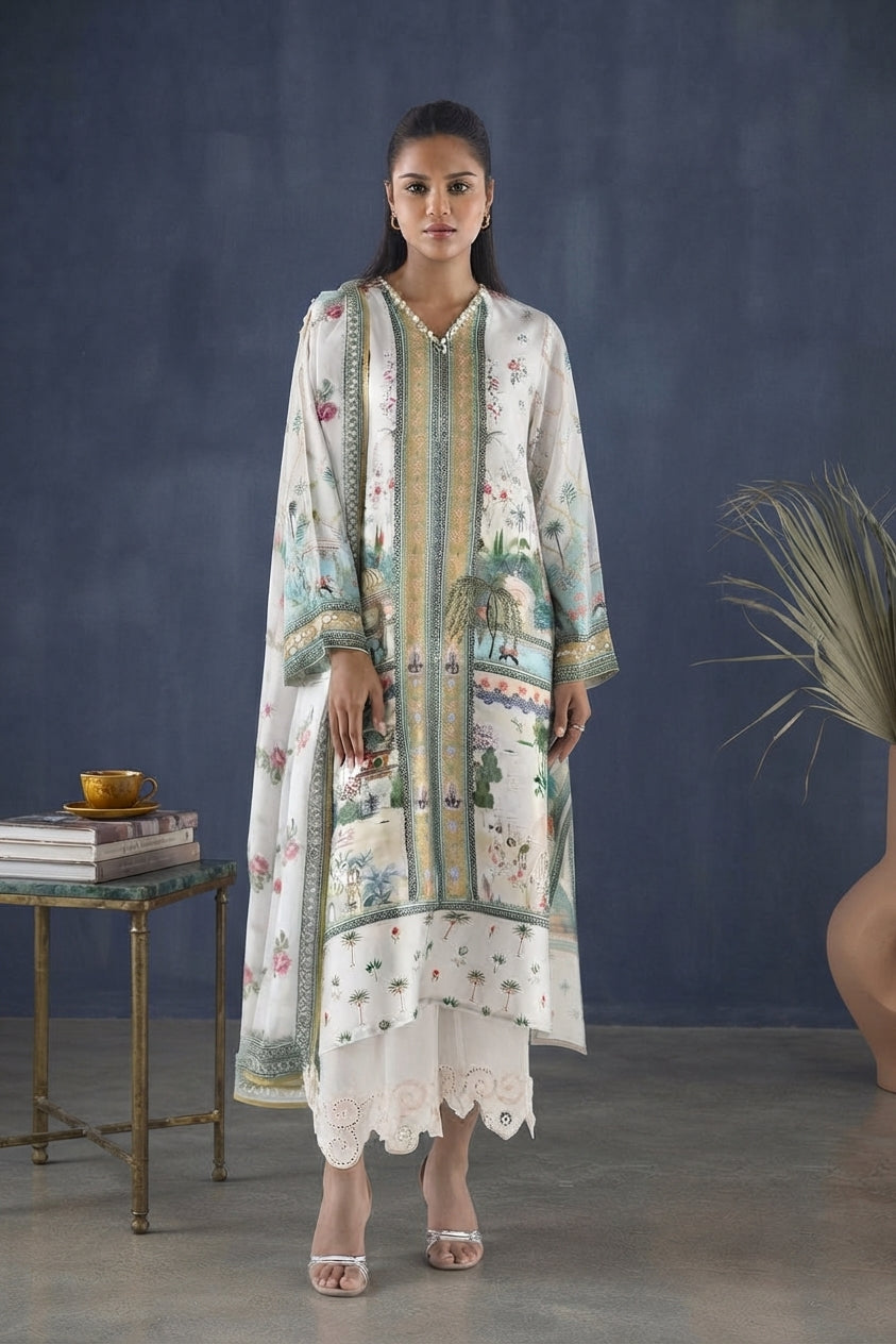 Stitched Printed Satin Shirt+ Dupatta Main image