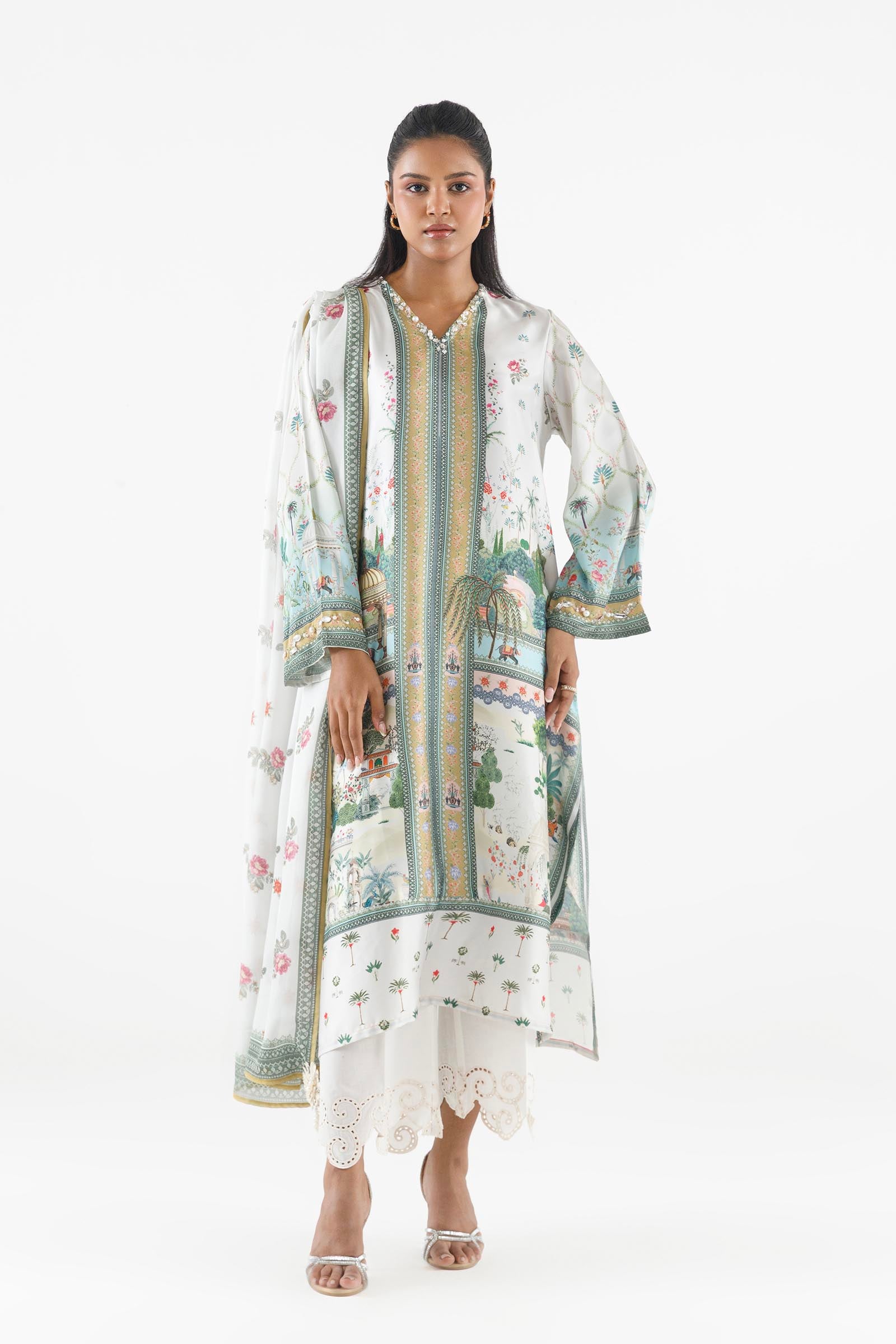 Stitched Printed Satin Shirt+ Dupatta Main image