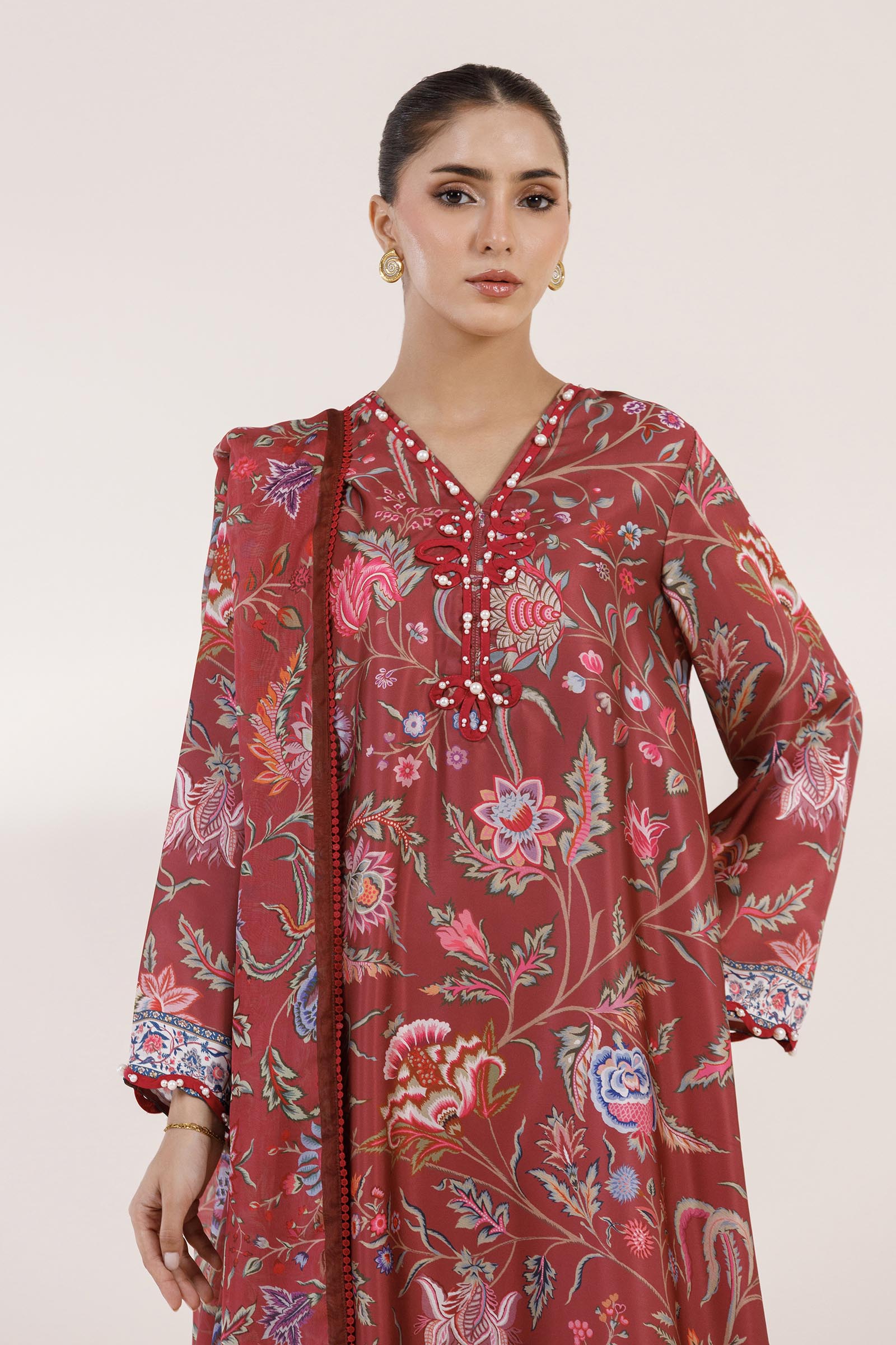 Stitched Printed Satin Shirt+ Dupatta Secondary image