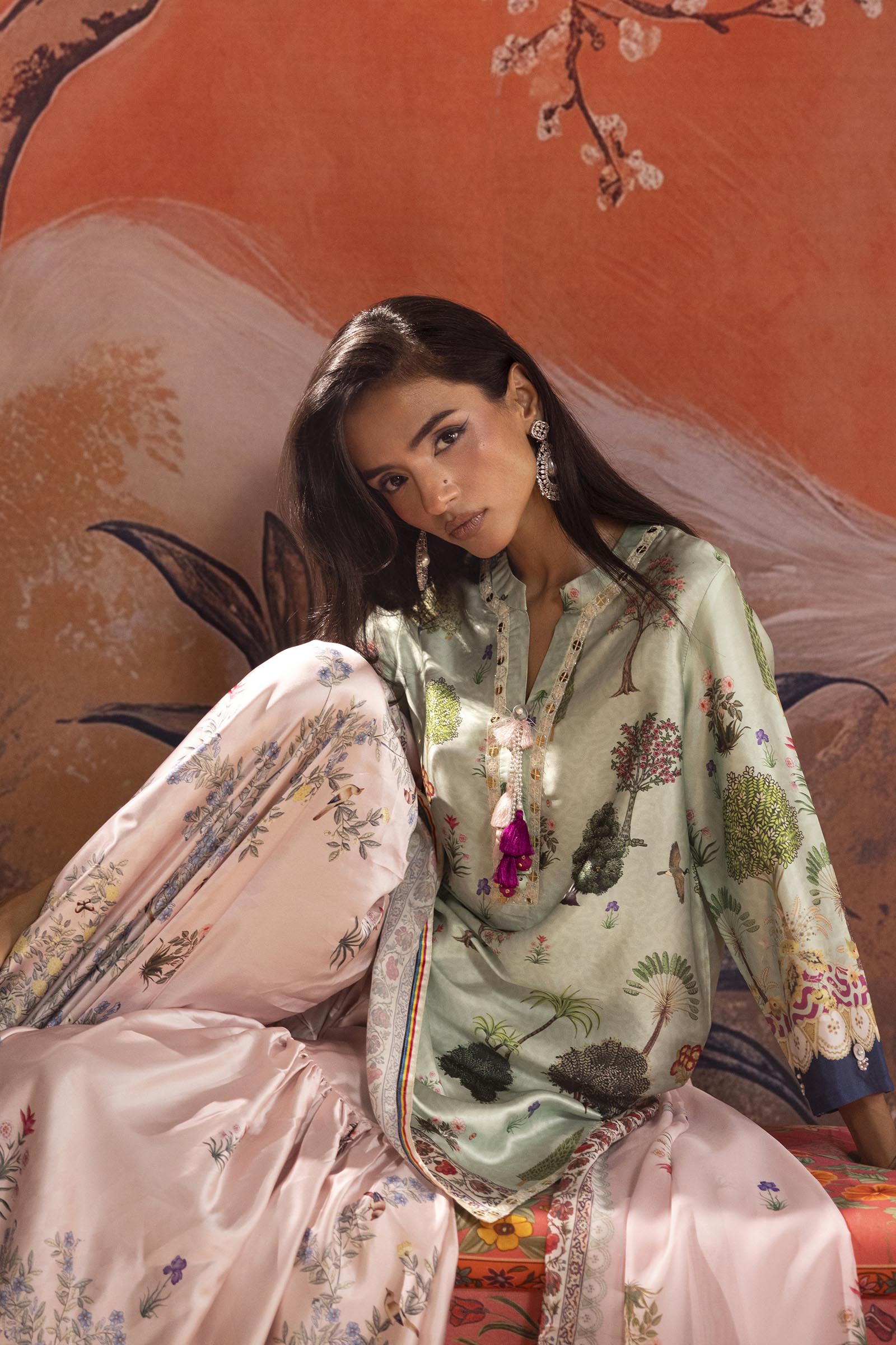 Stitched Printed Satin Suit Secondary image