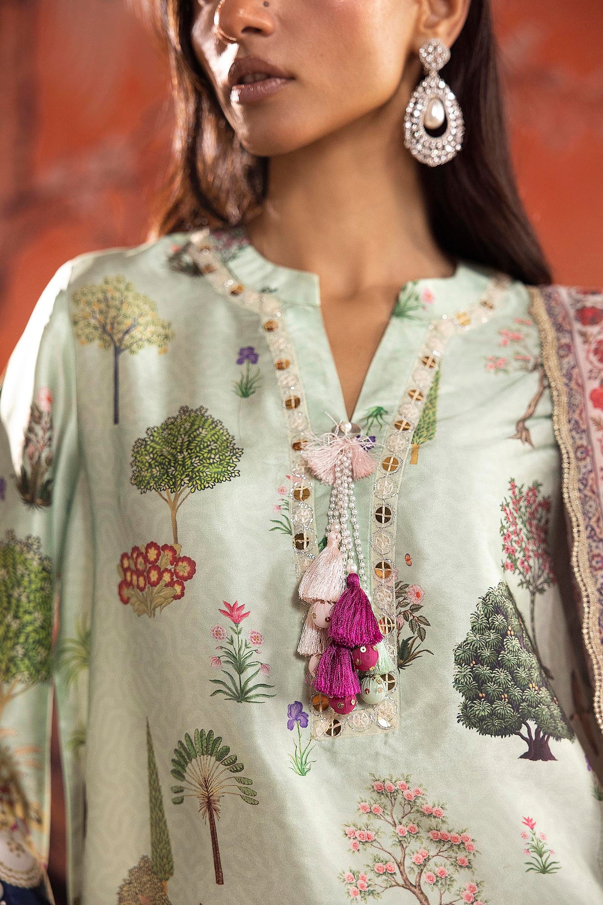Stitched Printed Satin Suit