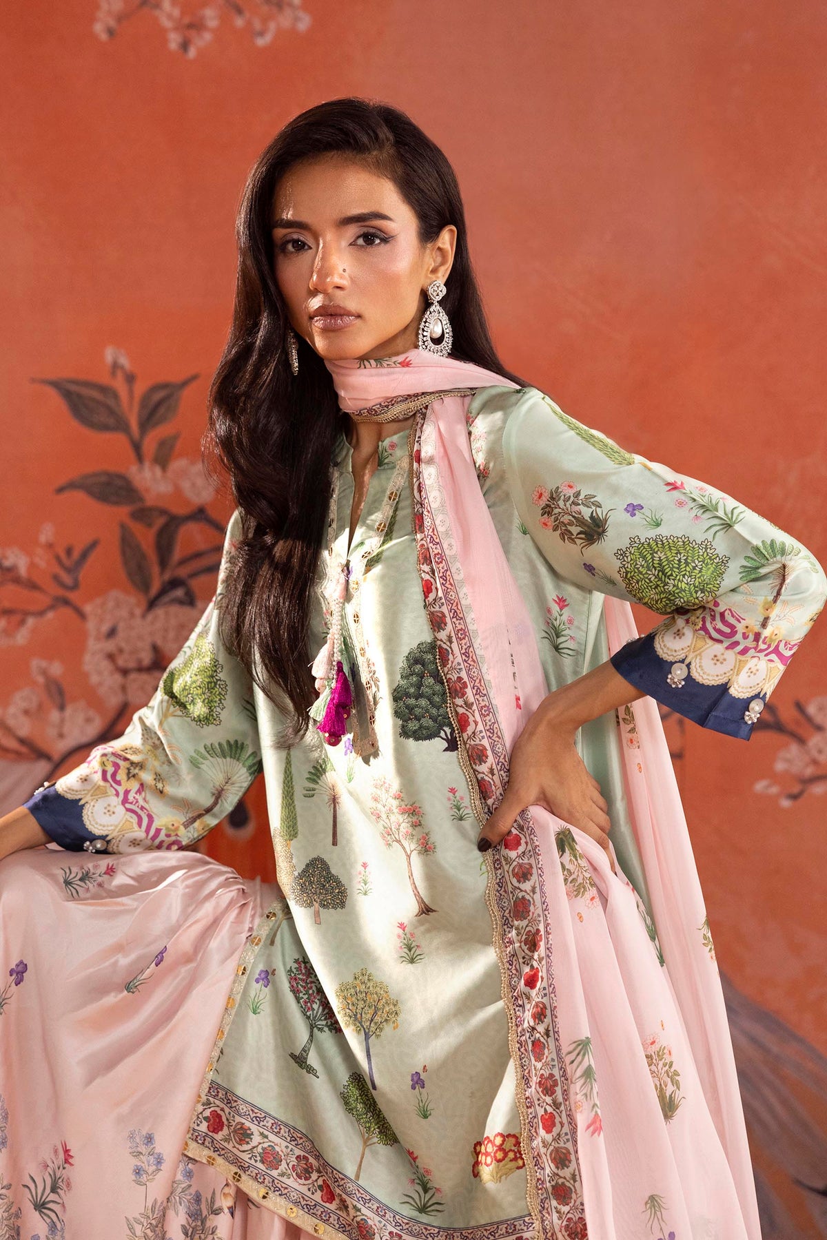 Stitched Printed Satin Suit